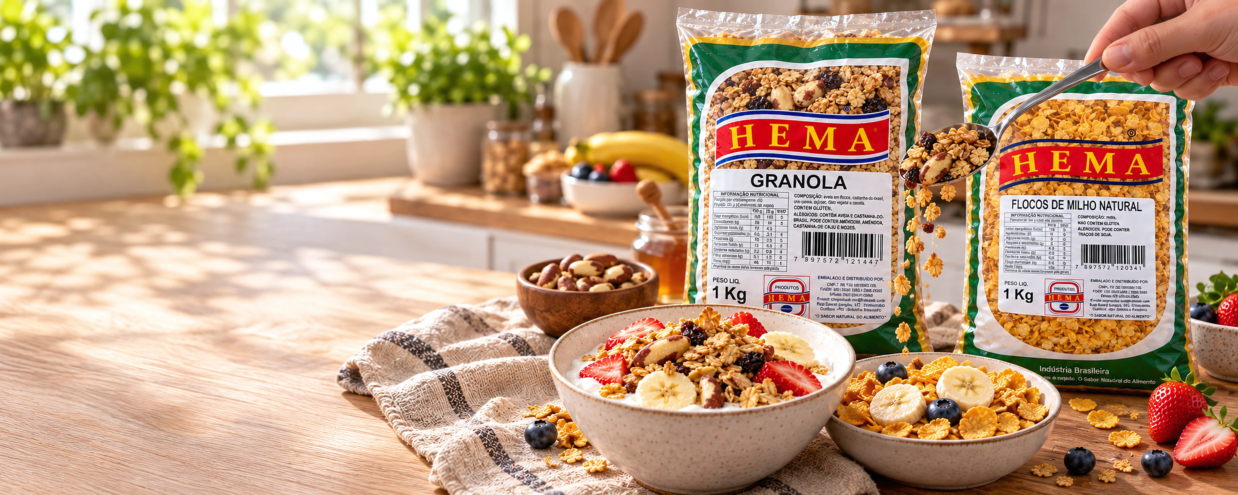 Panorama com granola e flocos de milho natural Hema, tigelas de granola e cereal com frutas servidas
