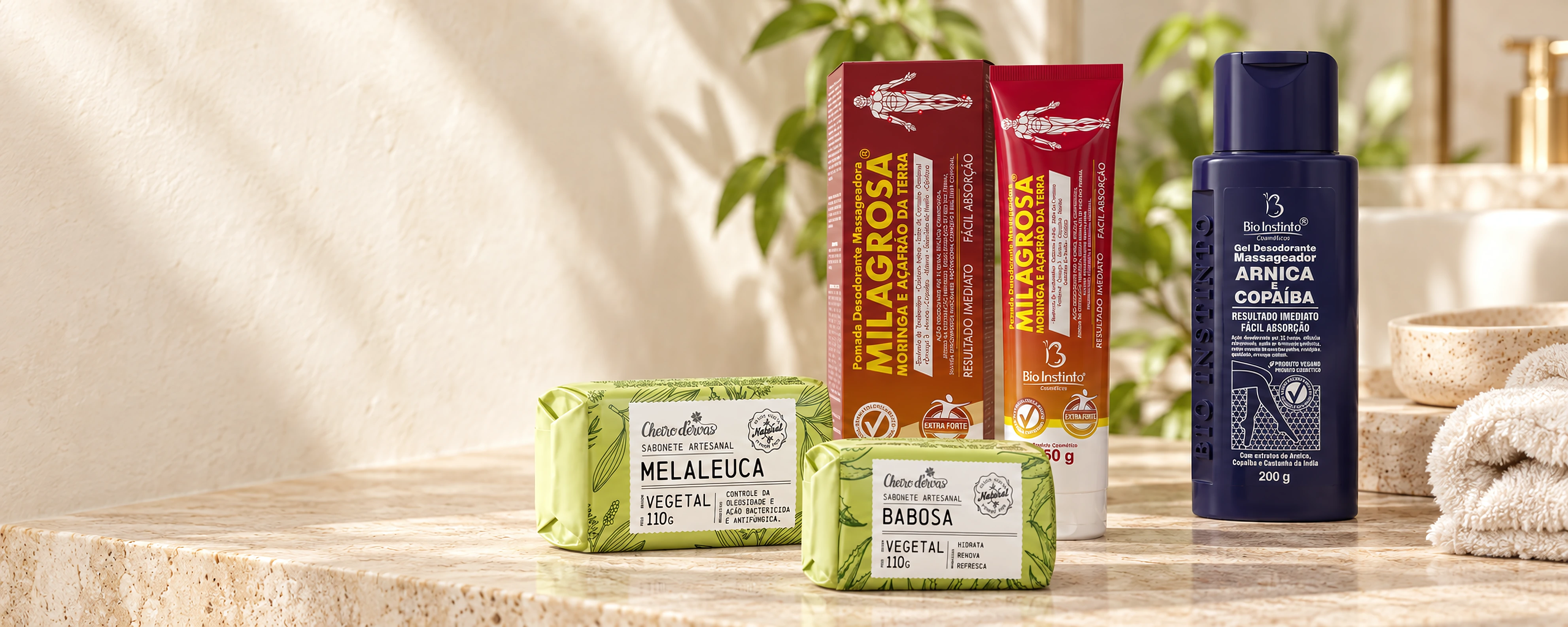 Panorama com sabonetes Cheiro d'Ervas e linha Bio Instinto (pomada Milagrosa e gel Arnica e Copaíba)