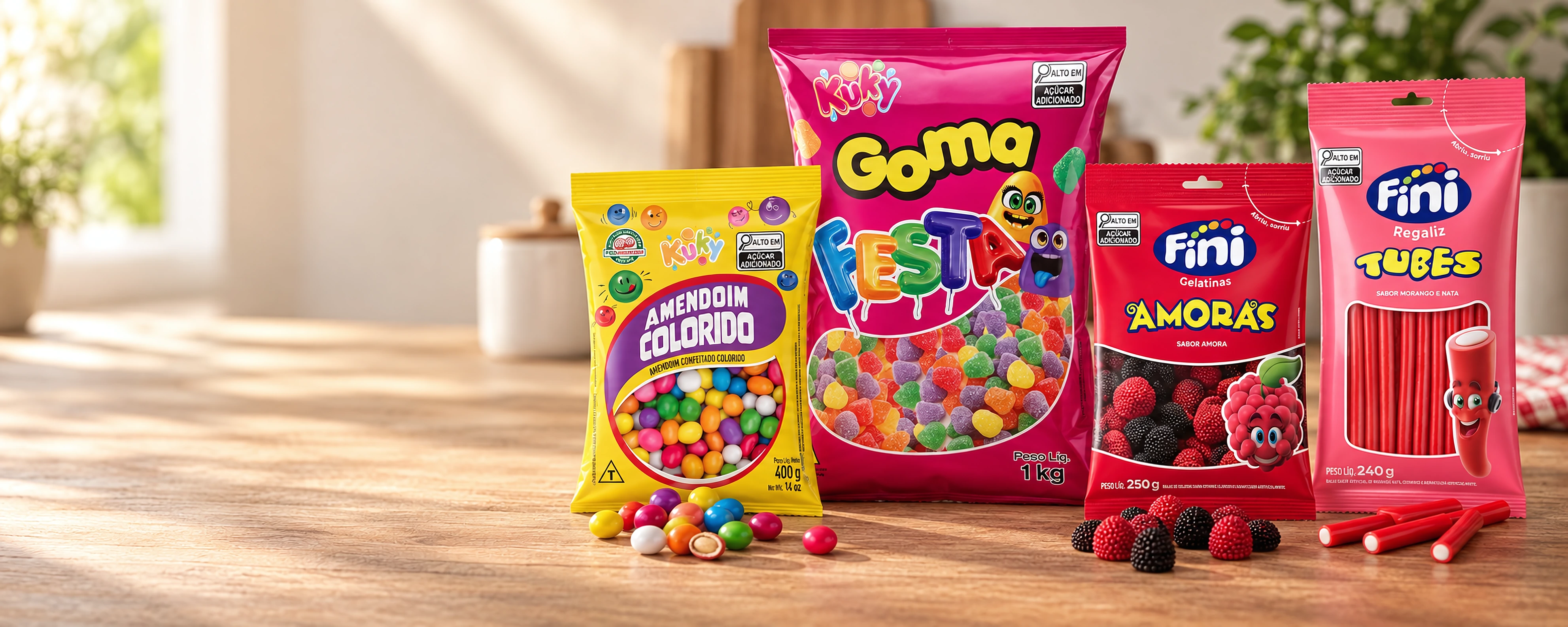 Panorama com embalagens Kuky (amendoim confeitado colorido e goma de festa) e Fini (gelatina de amoras e regaliz tubes), com área livre à esquerda para o título