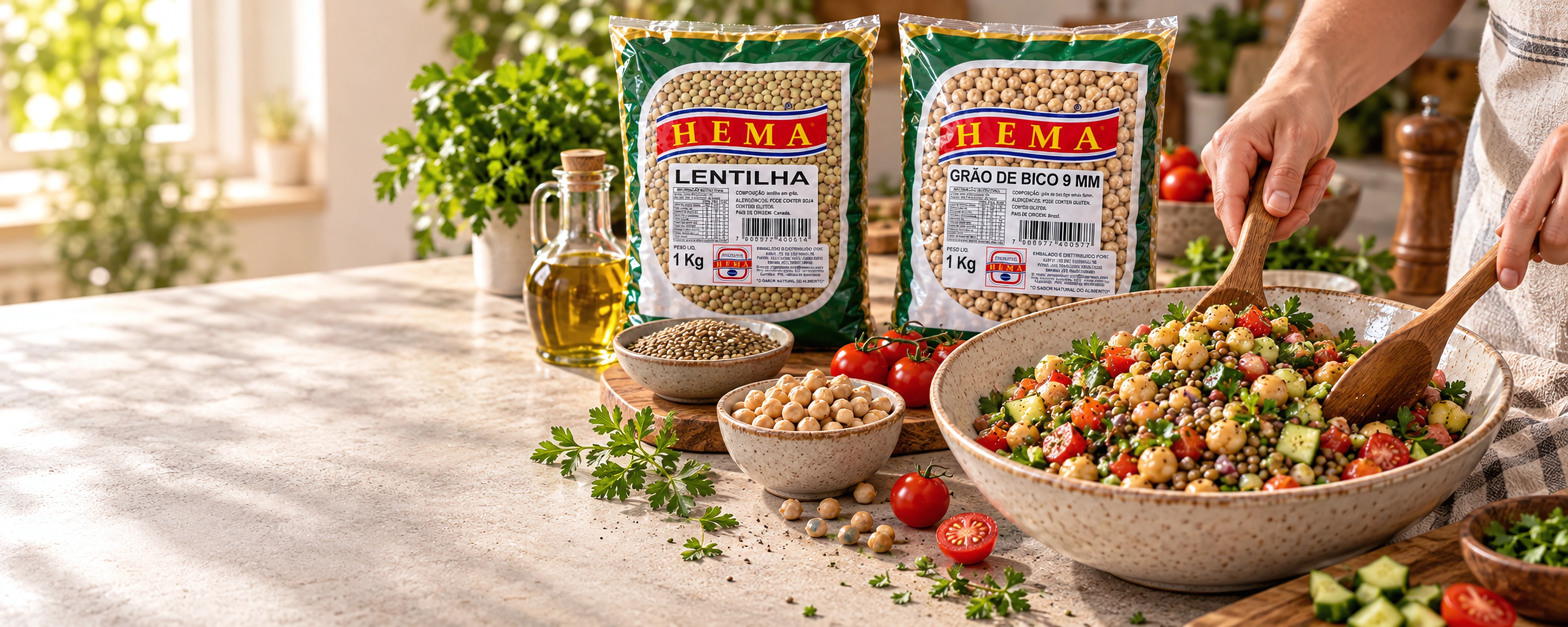 Panorama com lentilha e grão-de-bico 9 mm Hema, tigela de salada de grãos sendo temperada