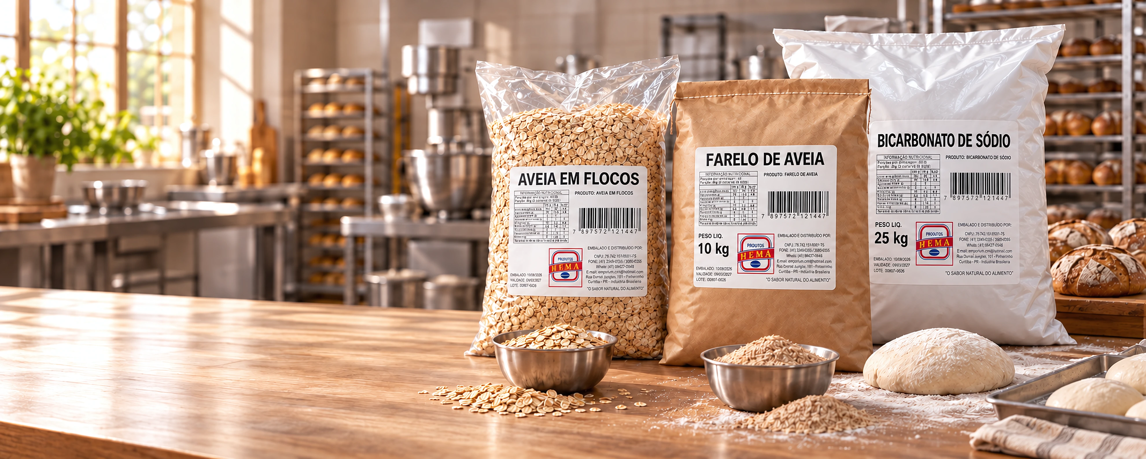 Panorama com sacaria de aveia em flocos, farelo de aveia de 10 kg e bicarbonato de sódio de 25 kg Hema em ambiente de panificação industrial