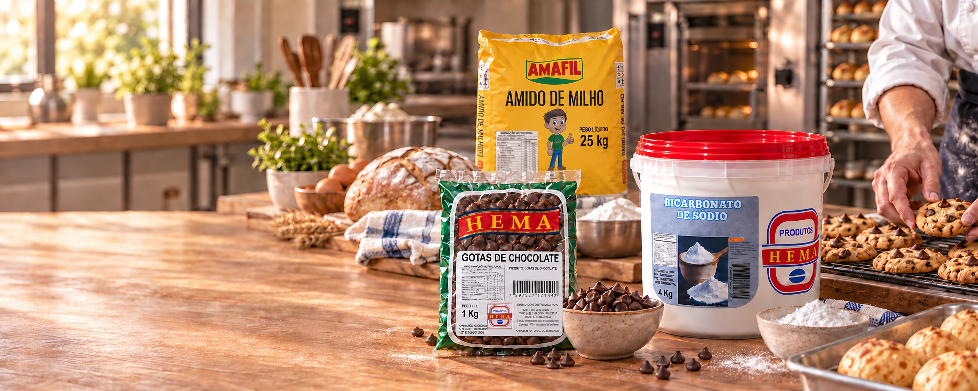 Panorama com amido de milho Amafil de 25 kg, gotas de chocolate Hema, balde de bicarbonato de sódio Hema e padeiro preparando cookies ao fundo