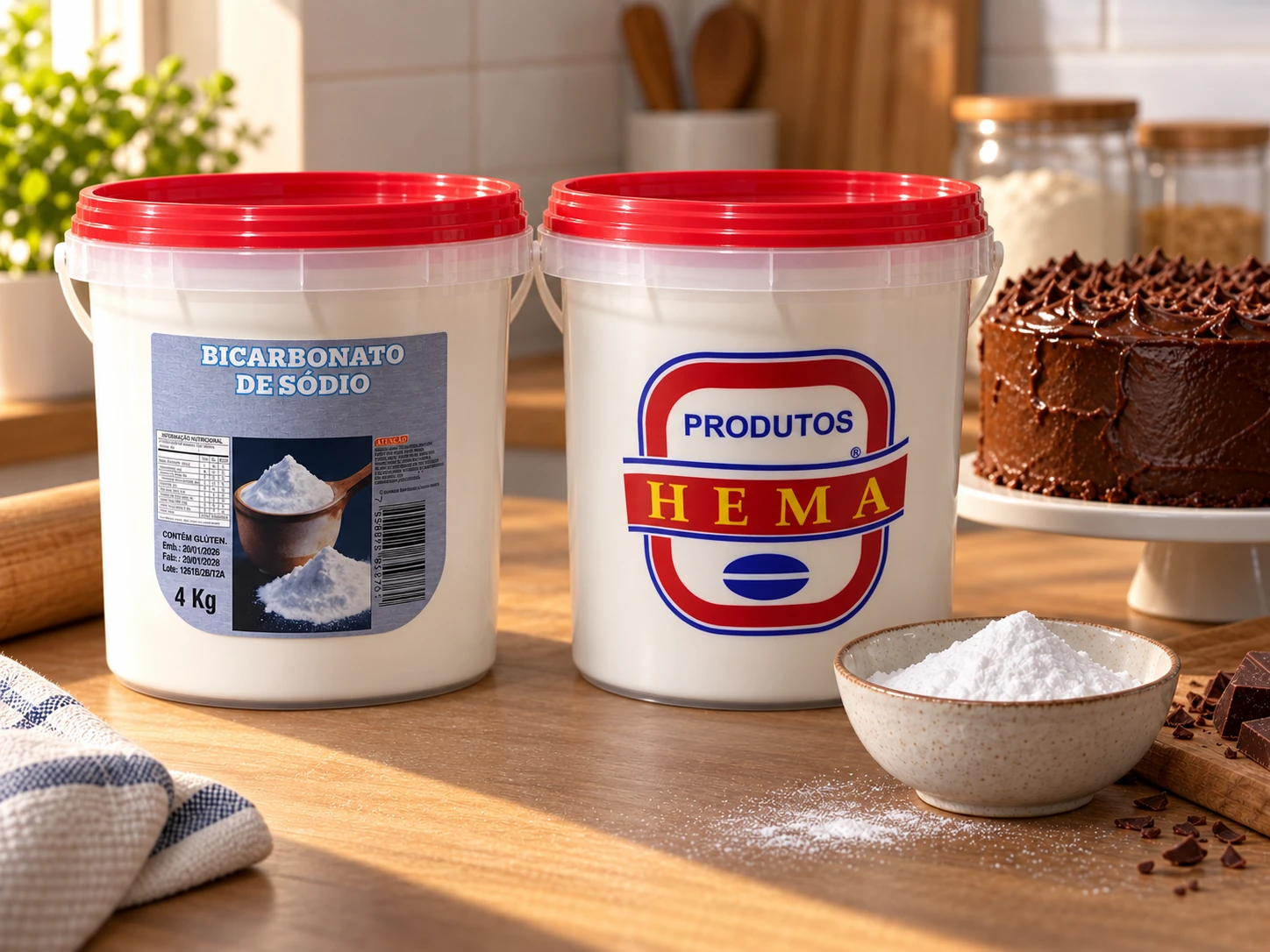 Dois baldes de bicarbonato de sódio de 4 kg lado a lado, um com o rótulo do produto e outro com a marca Hema, em cenário de confeitaria
