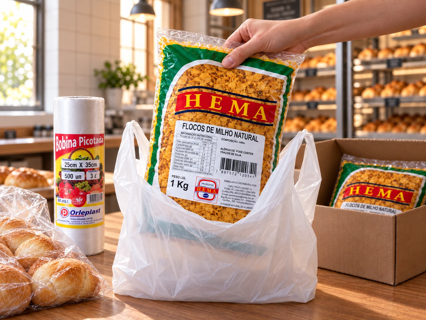 Mão colocando pacote de flocos de milho Hema de 1 kg dentro de sacola plástica, com bobina picotada Orleplast e caixa de transporte ao lado