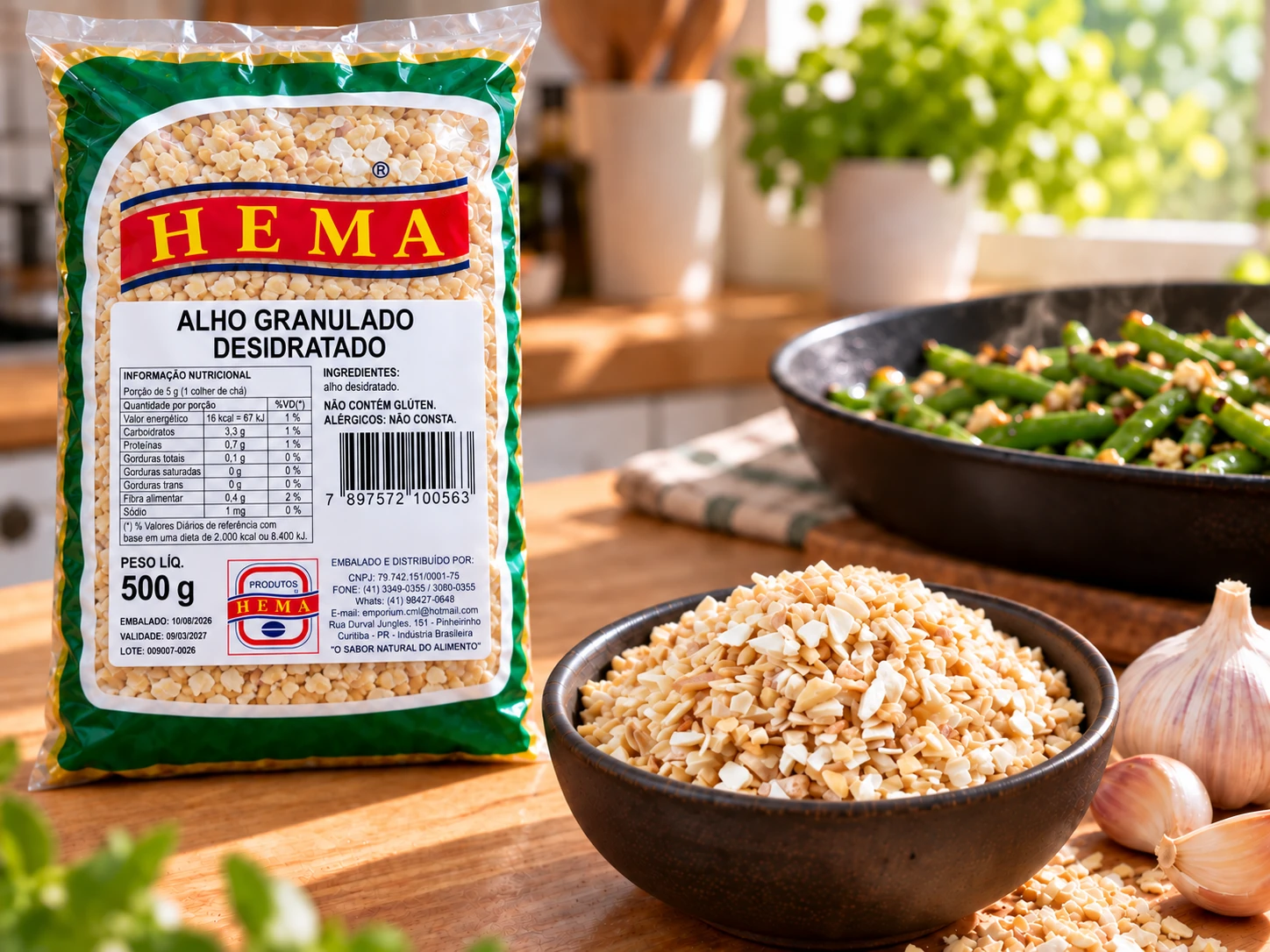 Alho granulado desidratado em composição culinária com embalagem Hema