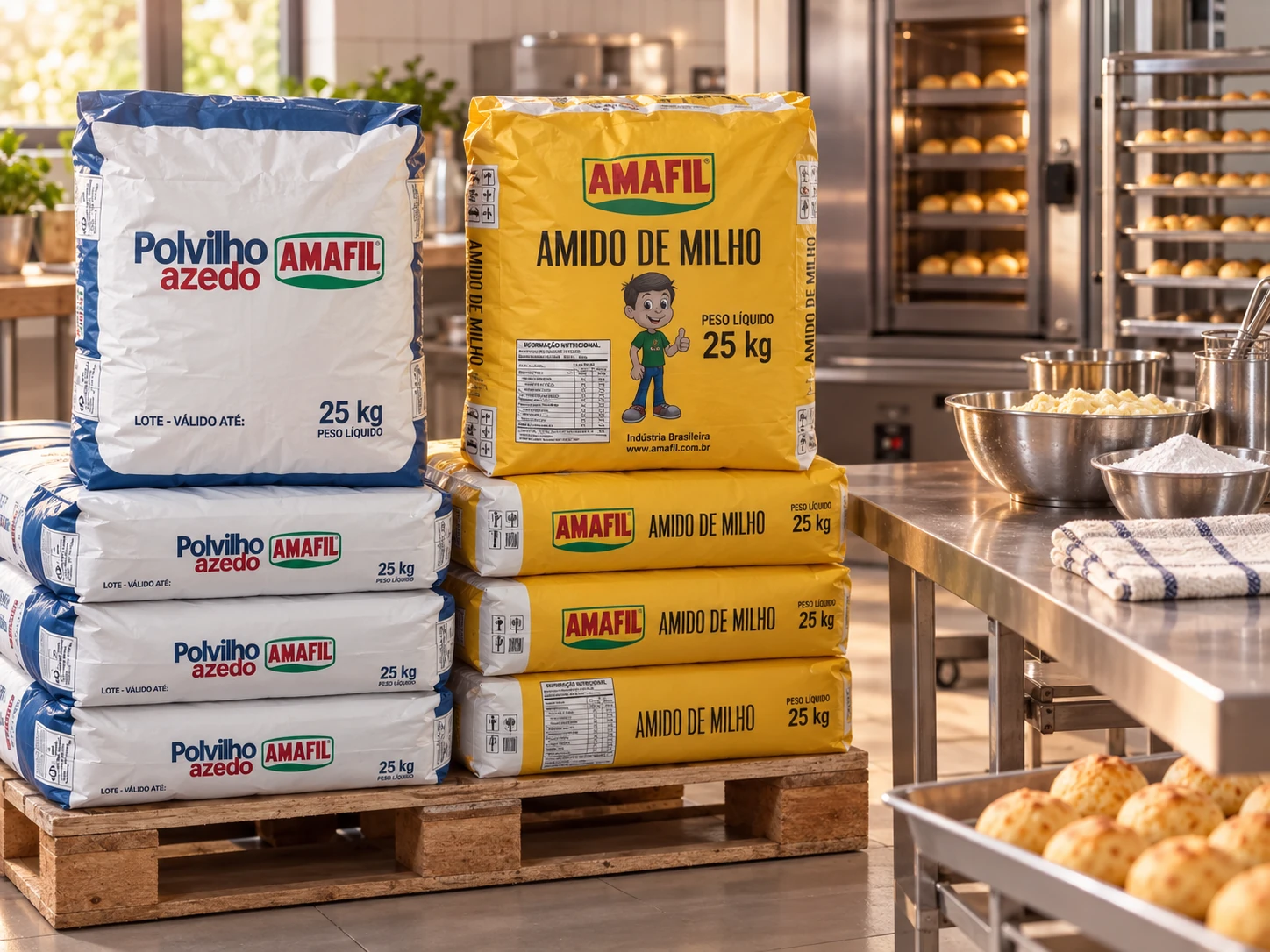 Sacos Amafil de 25 kg de amido de milho e de polvilho azedo empilhados em cozinha de produção