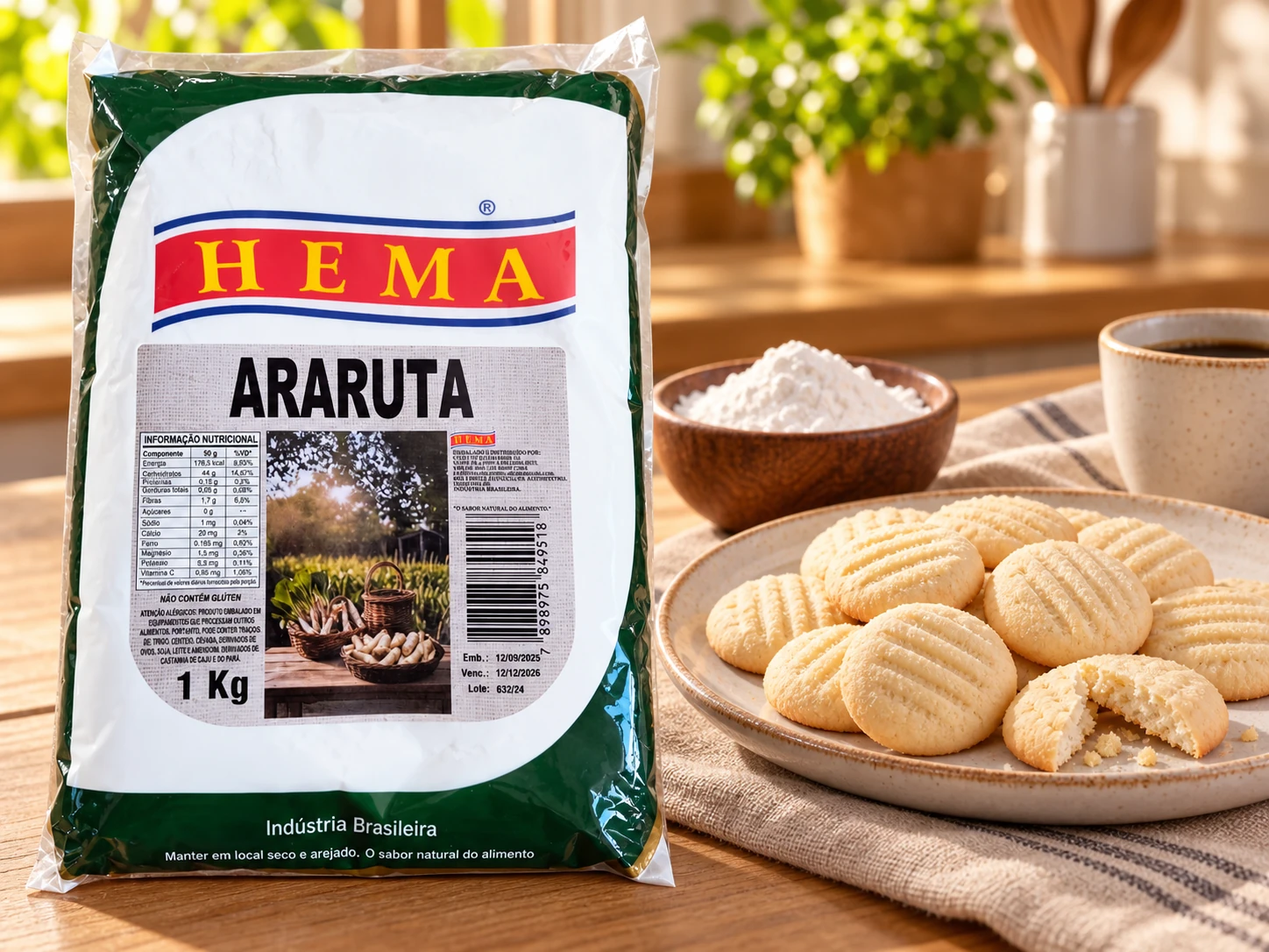 Pacote de araruta Hema de 1 kg em composição com biscoitos amanteigados e café