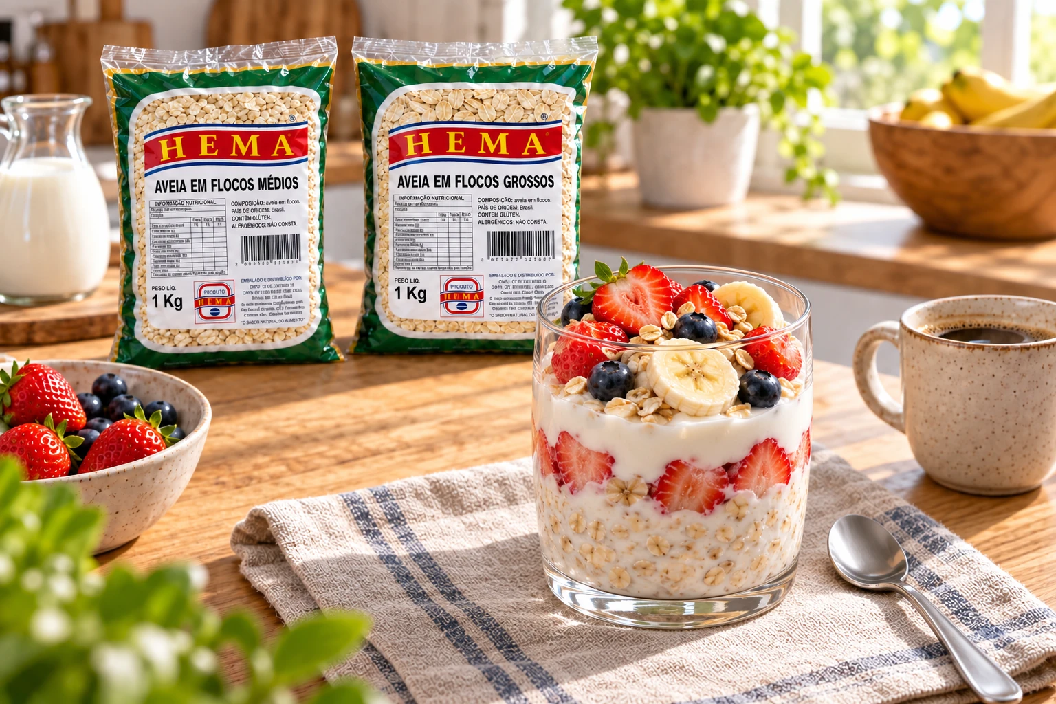 Aveia em flocos (médios e grossos) em composição culinária com embalagem Hema