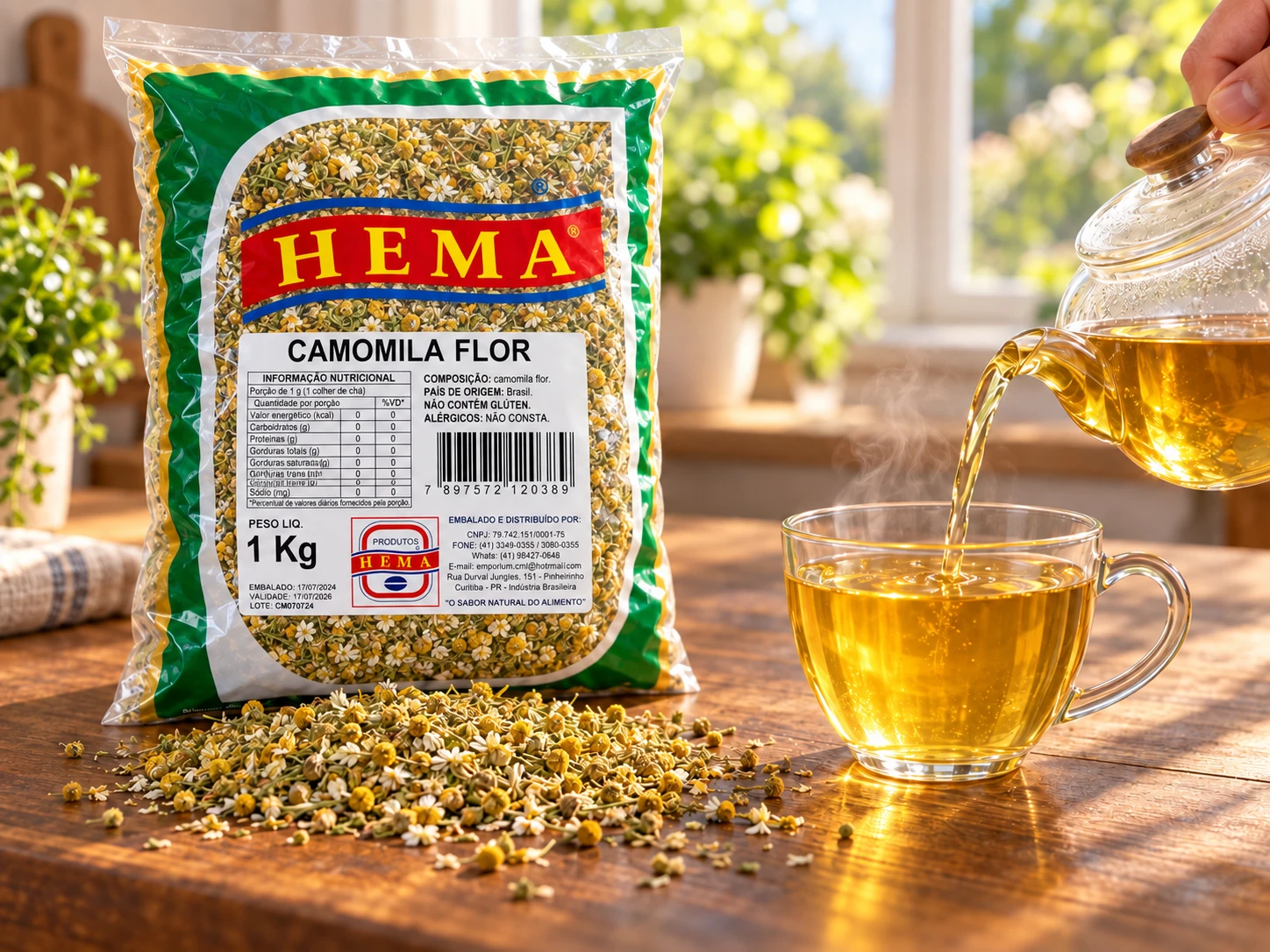 Camomila em composição culinária com embalagem Hema