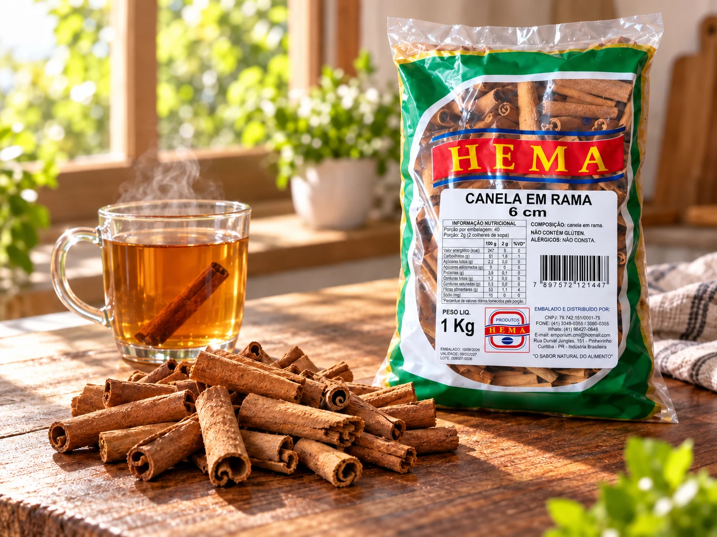 Canela (casca e pó) em composição culinária com embalagem Hema