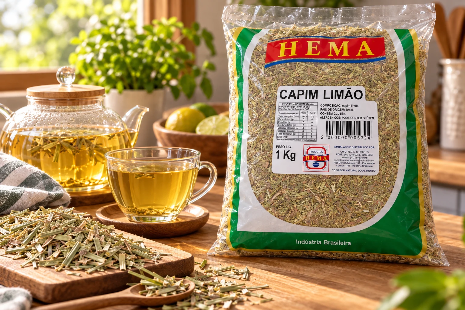 Capim-cidreira (capim-limão) em composição culinária com embalagem Hema