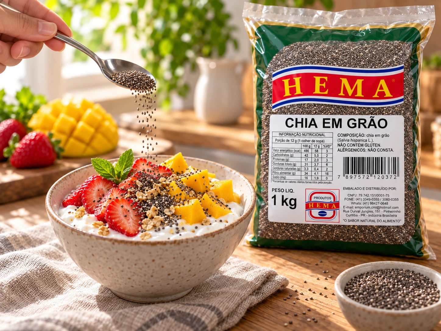 Chia em composição culinária com embalagem Hema