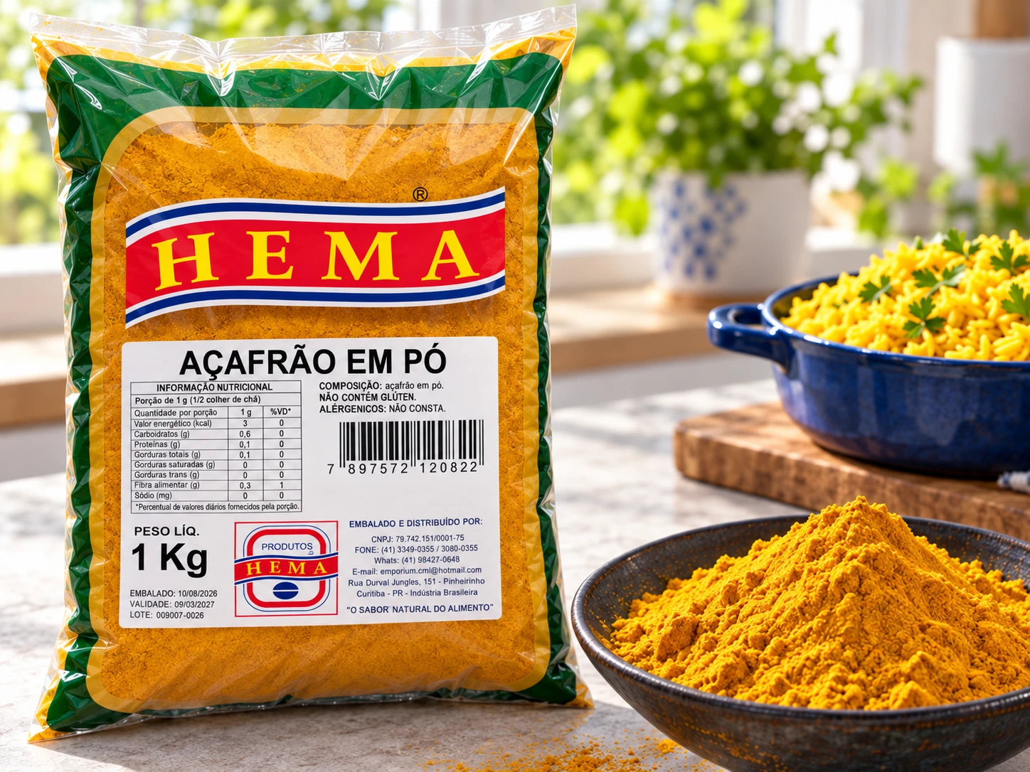 Cúrcuma (açafrão-da-terra) em composição culinária com embalagem Hema