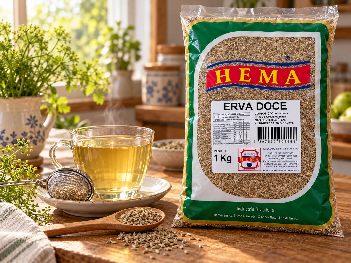 Erva-doce em composição culinária com embalagem Hema
