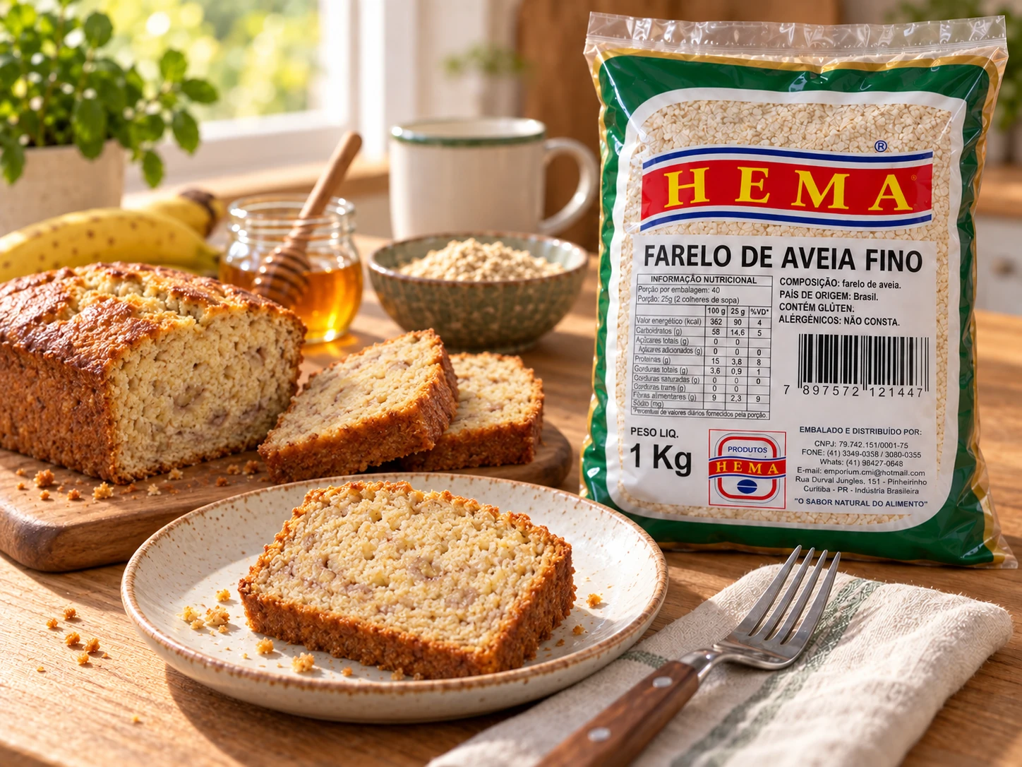 Farelo de aveia em composição culinária com embalagem Hema