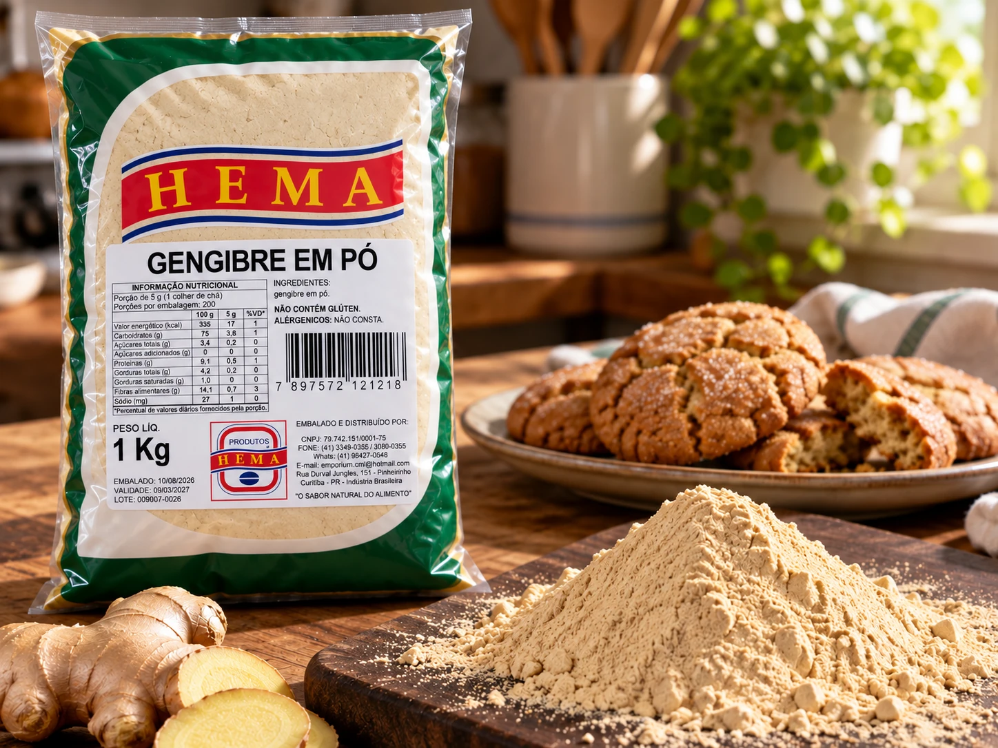 Gengibre em pó em composição culinária com embalagem Hema