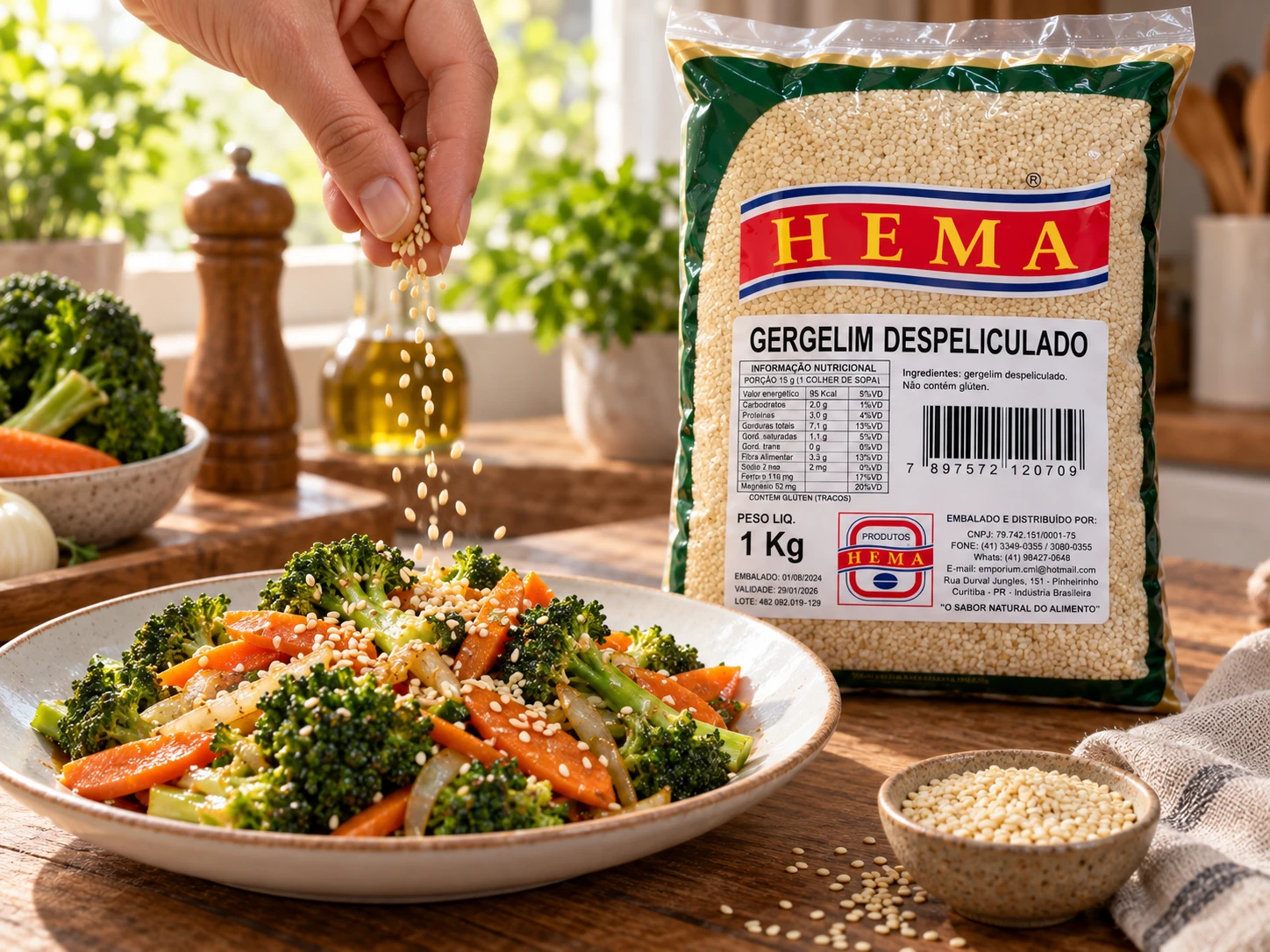 Gergelim despeliculado em composição culinária com embalagem Hema