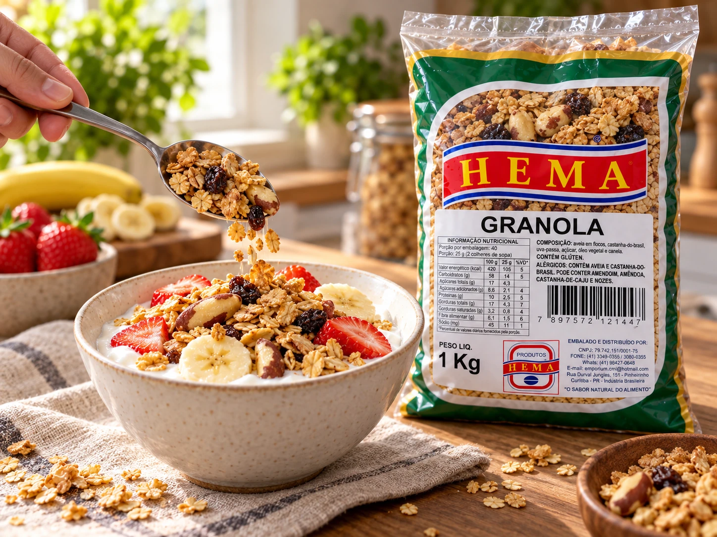 Granola tradicional em composição culinária com embalagem Hema