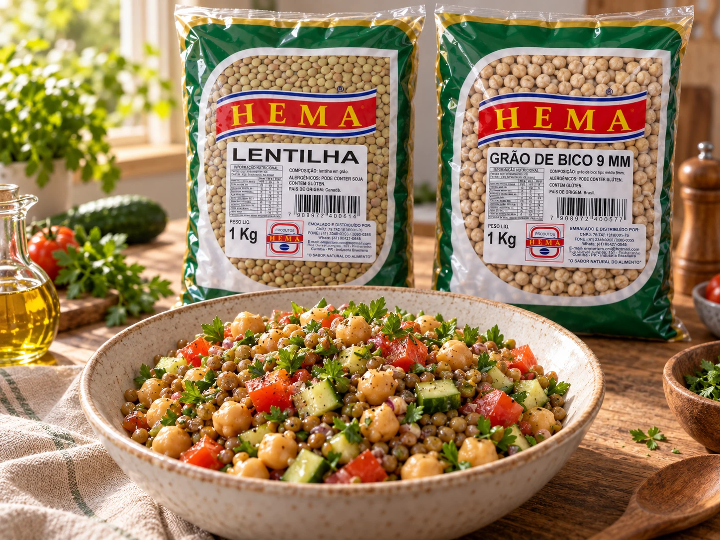 Grão-de-bico e lentilha em composição culinária com embalagem Hema