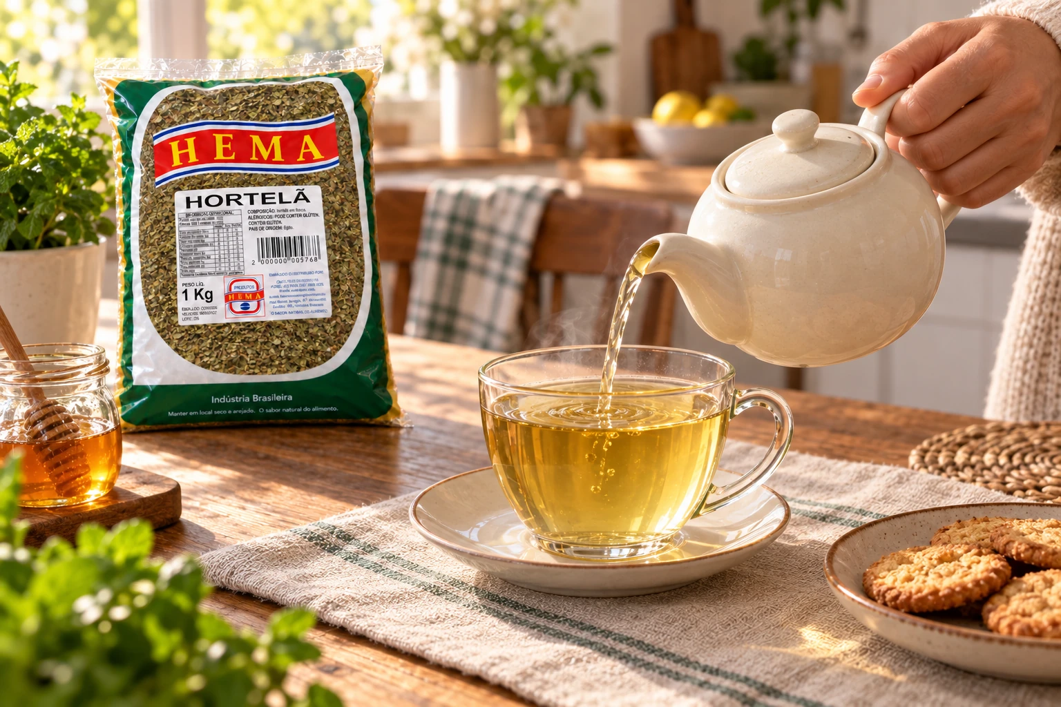 Hortelã e menta em composição culinária com embalagem Hema