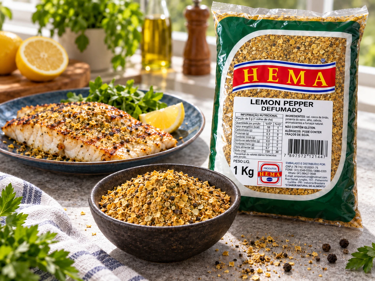 Lemon pepper defumado em composição culinária com embalagem Hema