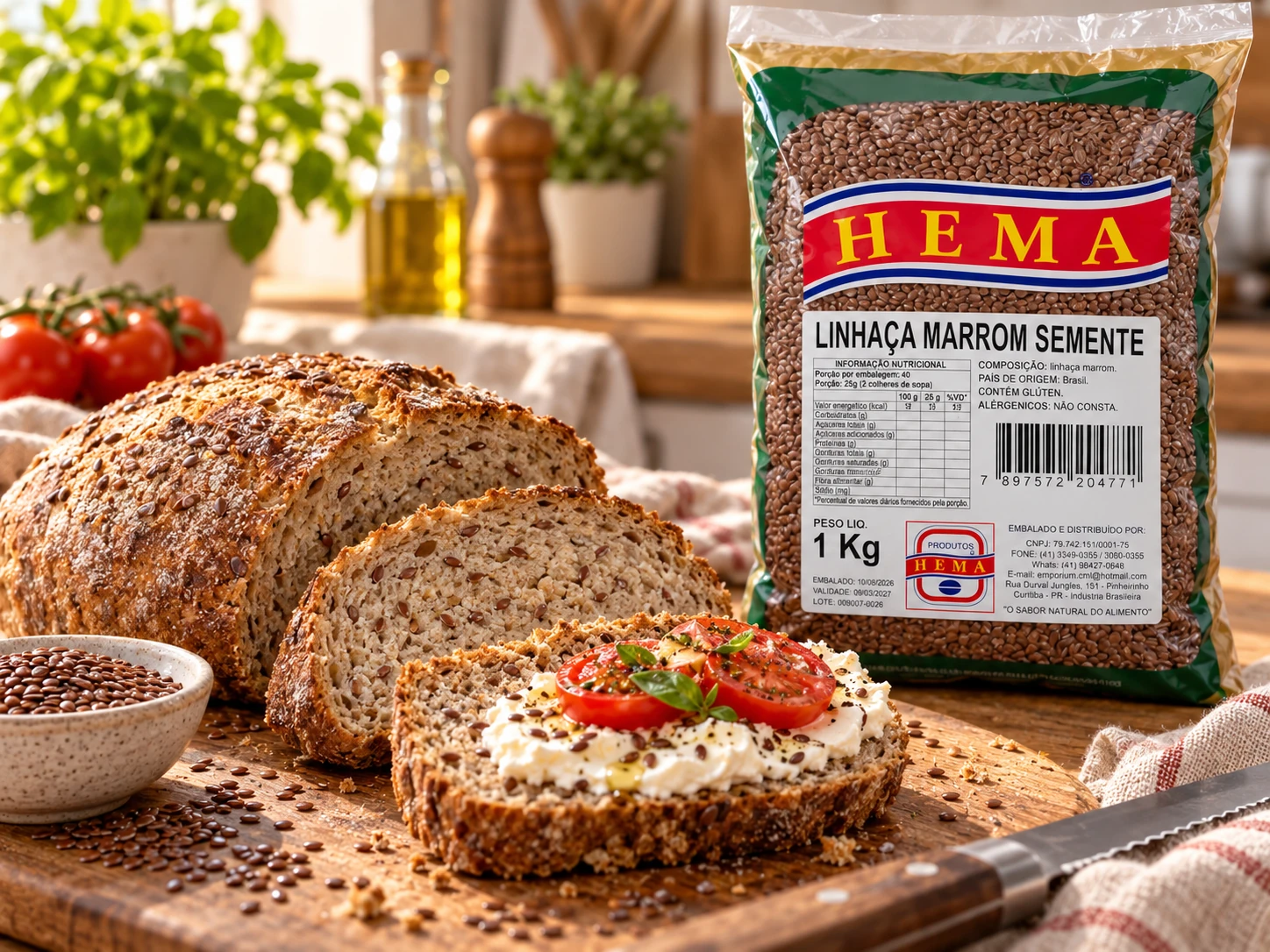 Linhaça marrom em composição culinária com embalagem Hema