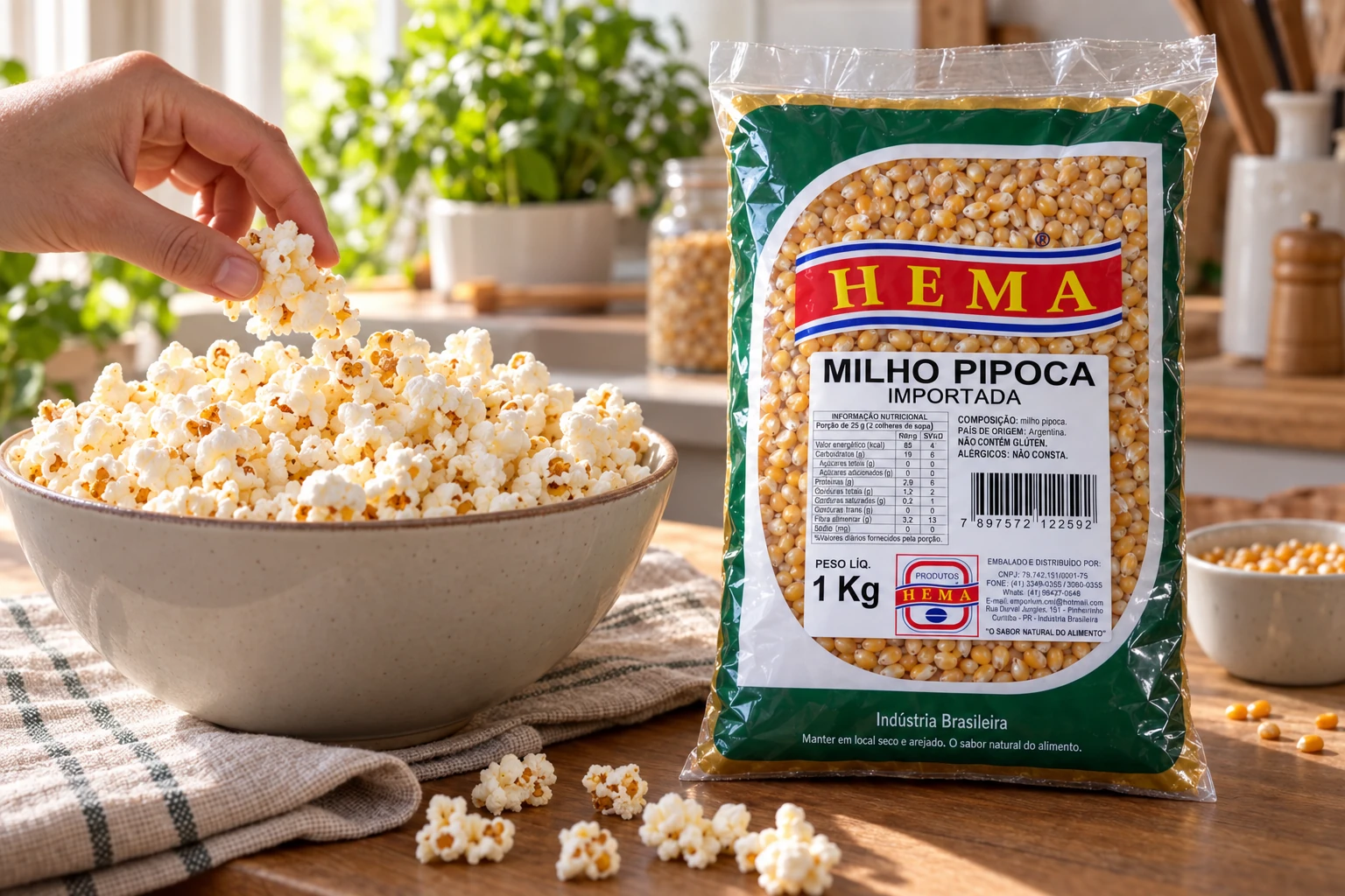 Milho de pipoca em composição culinária com embalagem Hema