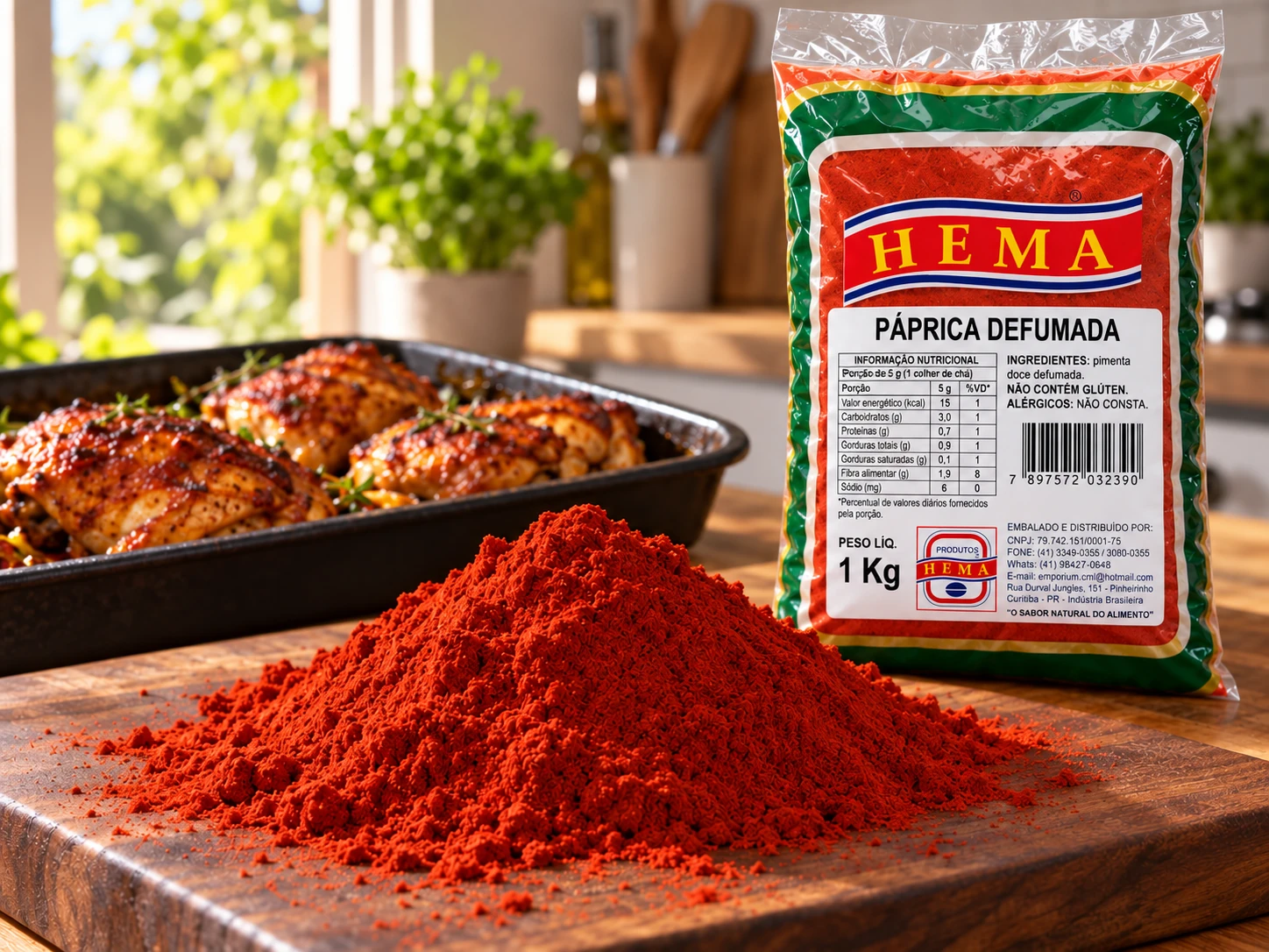 Páprica (doce, defumada e picante) em composição culinária com embalagem Hema