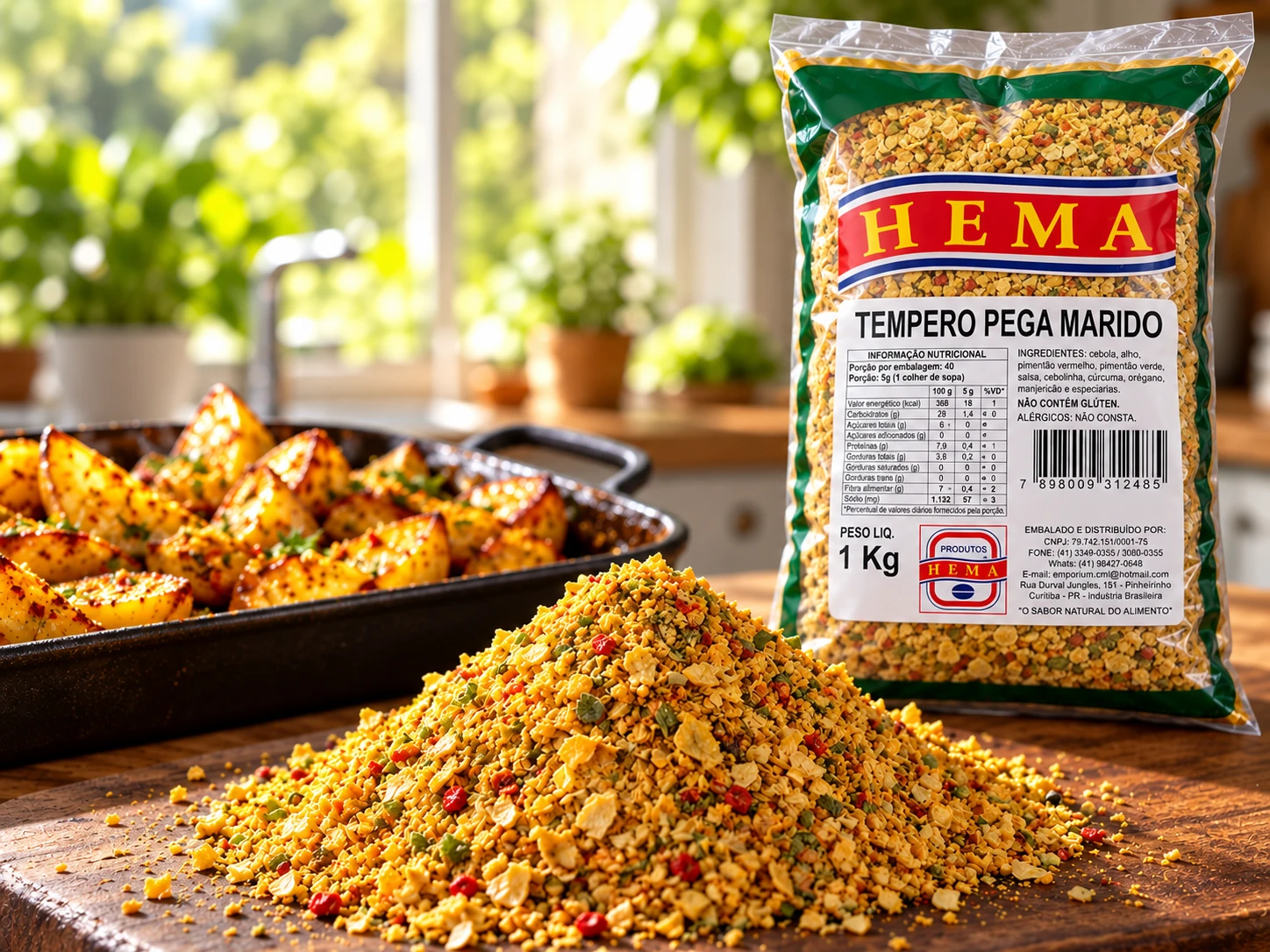 Tempero pega marido em composição culinária com embalagem Hema