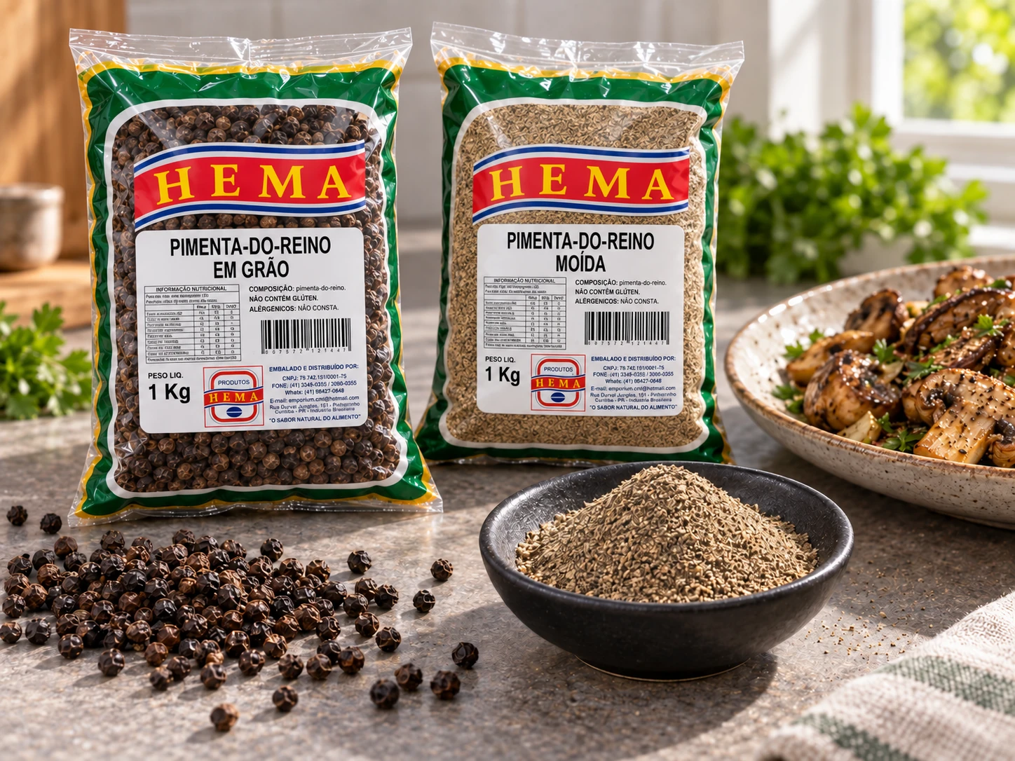 Pimenta-do-reino (grão e moída) em composição culinária com embalagem Hema