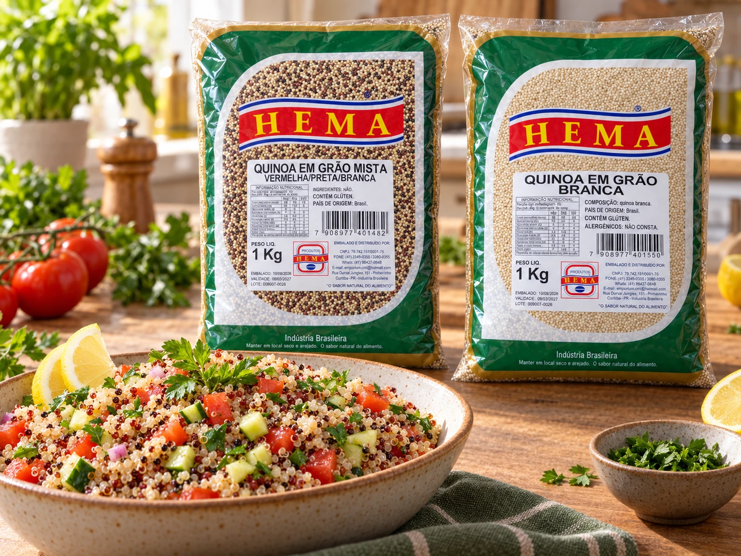 Quinoa em grãos em composição culinária com embalagem Hema