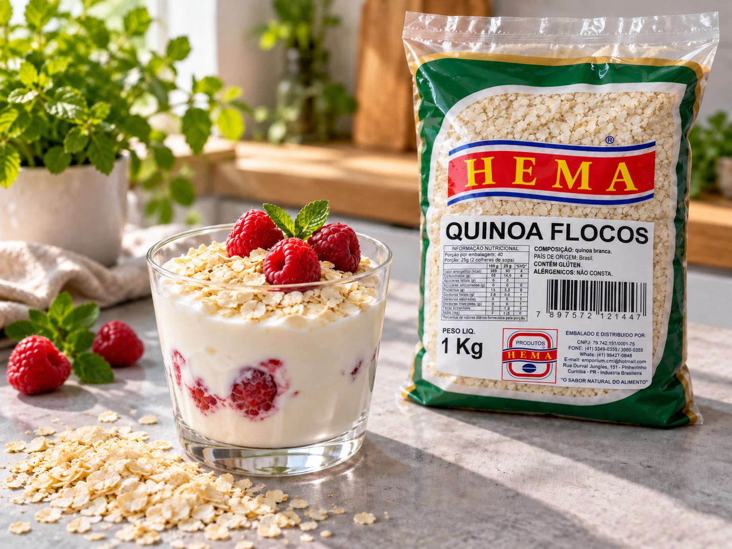 Quinoa em flocos em composição culinária com embalagem Hema