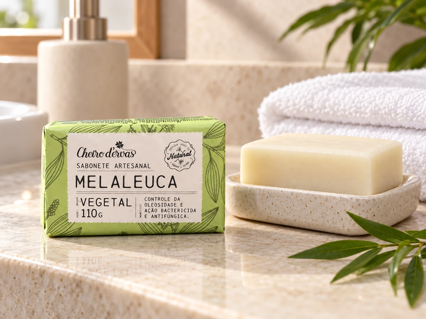 Sabonete vegetal de melaleuca Cheiro d'Ervas de 110 g embalado, ao lado de uma barra em saboneteira