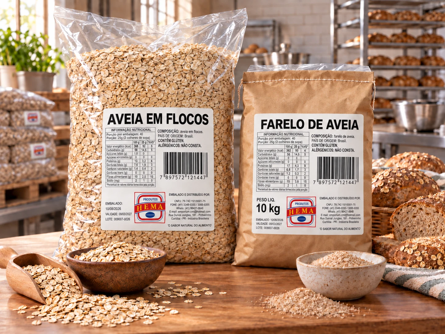 Pacote de aveia em flocos e saco kraft de farelo de aveia de 10 kg Hema lado a lado, com tigelas dos dois produtos