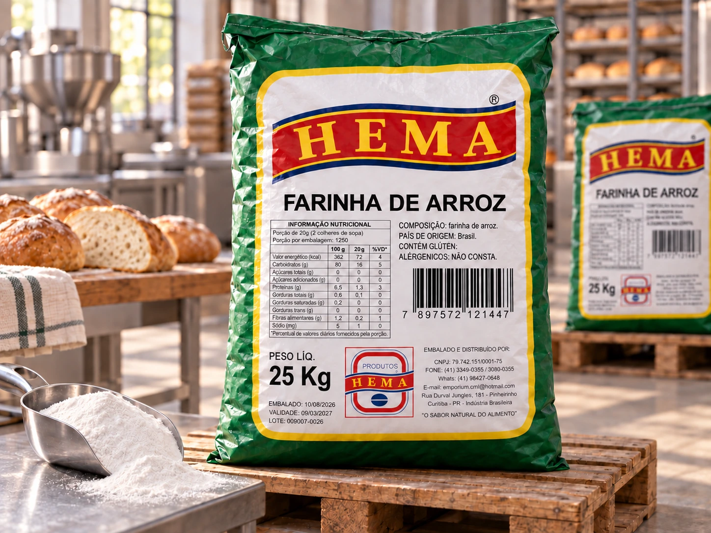 Sacaria HEMA de farinha de arroz de 25 kg sobre pallet, com farinha fina em uma pá e ambiente de panificação ao fundo.