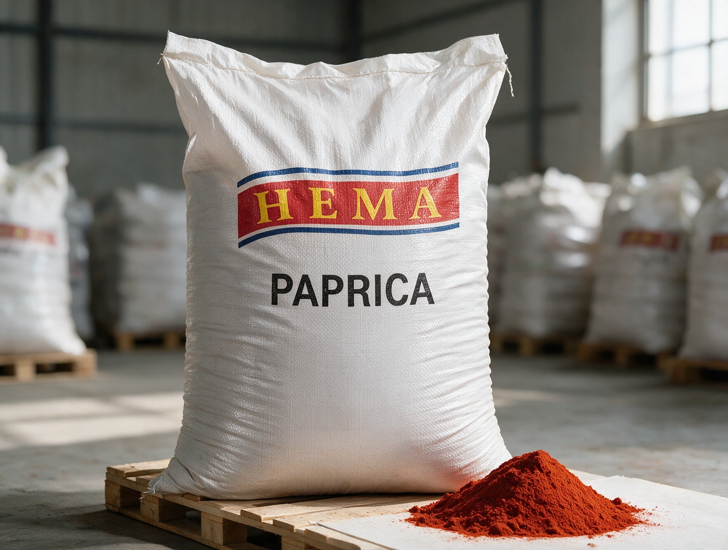 Saco de páprica em volume industrial Hema, com identidade da marca, em ambiente de estoque