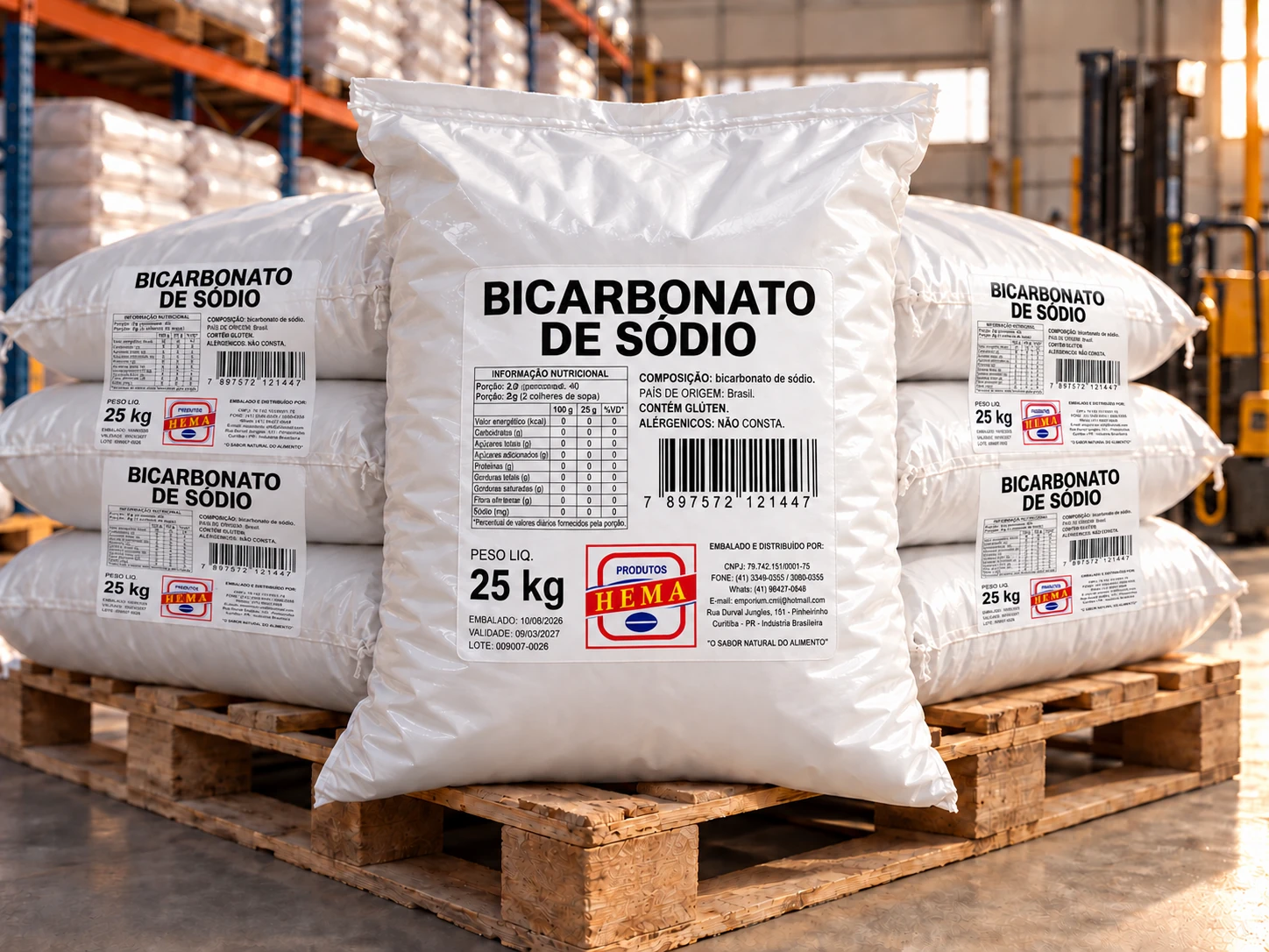 Sacaria branca de bicarbonato de sódio Hema de 25 kg empilhada sobre pallets em galpão