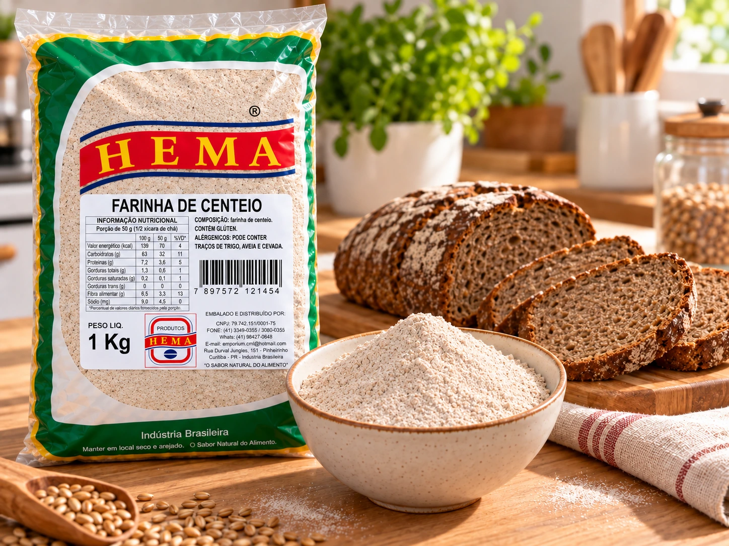 Pacote de farinha de centeio Hema de 1 kg, tigela com a farinha e pão de centeio fatiado