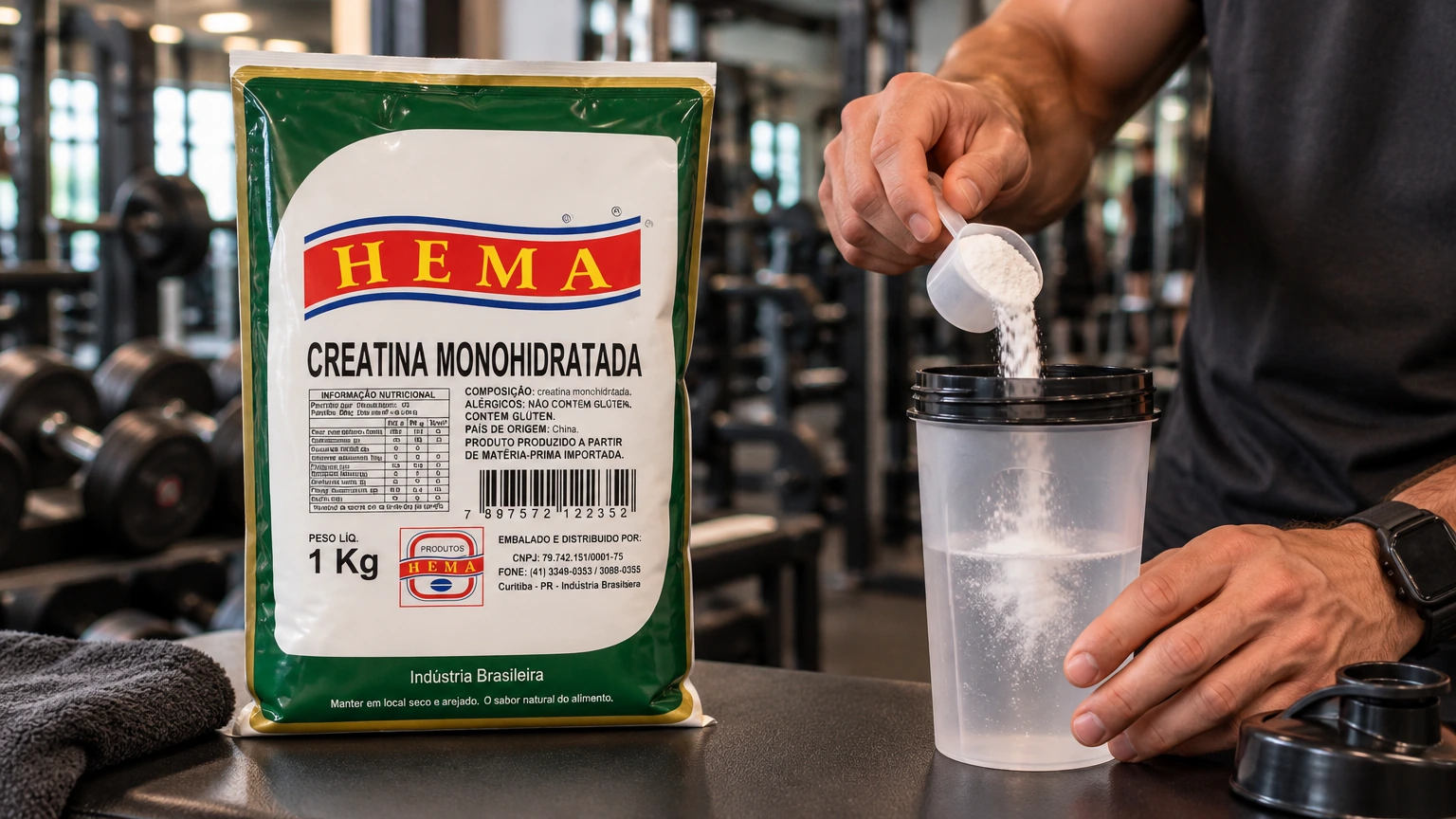 Pacote HEMA de creatina de 1 kg com uma pessoa servindo o pó em uma coqueteleira, em academia