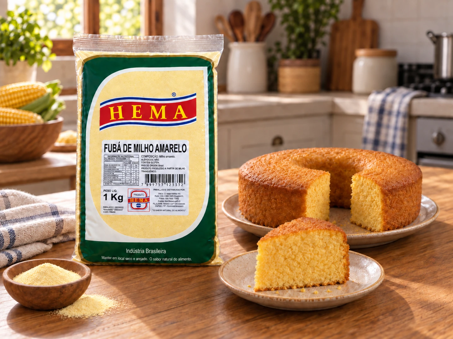 Pacote HEMA de 1 kg de fubá de milho amarelo ao lado de tigela de madeira com fubá solto e bolo de fubá fatiado
