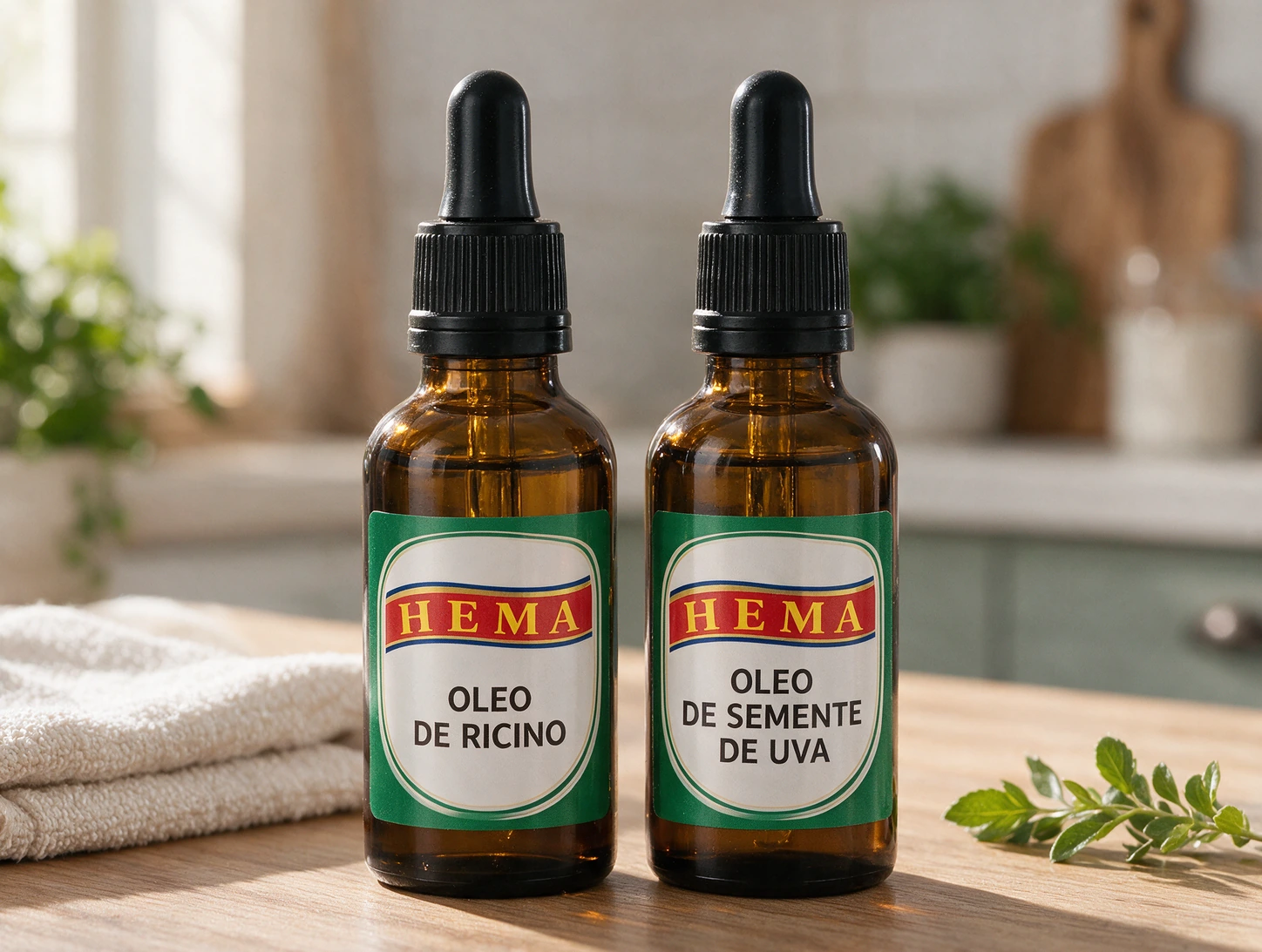 Dois frascos de vidro âmbar com rótulo Hema, óleo de rícino à esquerda e óleo de semente de uva à direita, sobre bancada clara