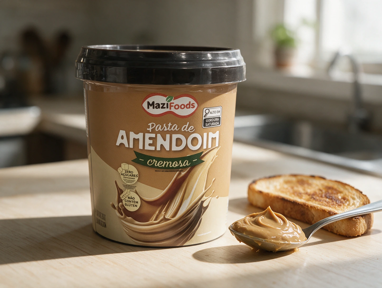 Pote de pasta de amendoim cremosa Mazi Foods sobre bancada de cozinha, com colher e torrada com a pasta passada