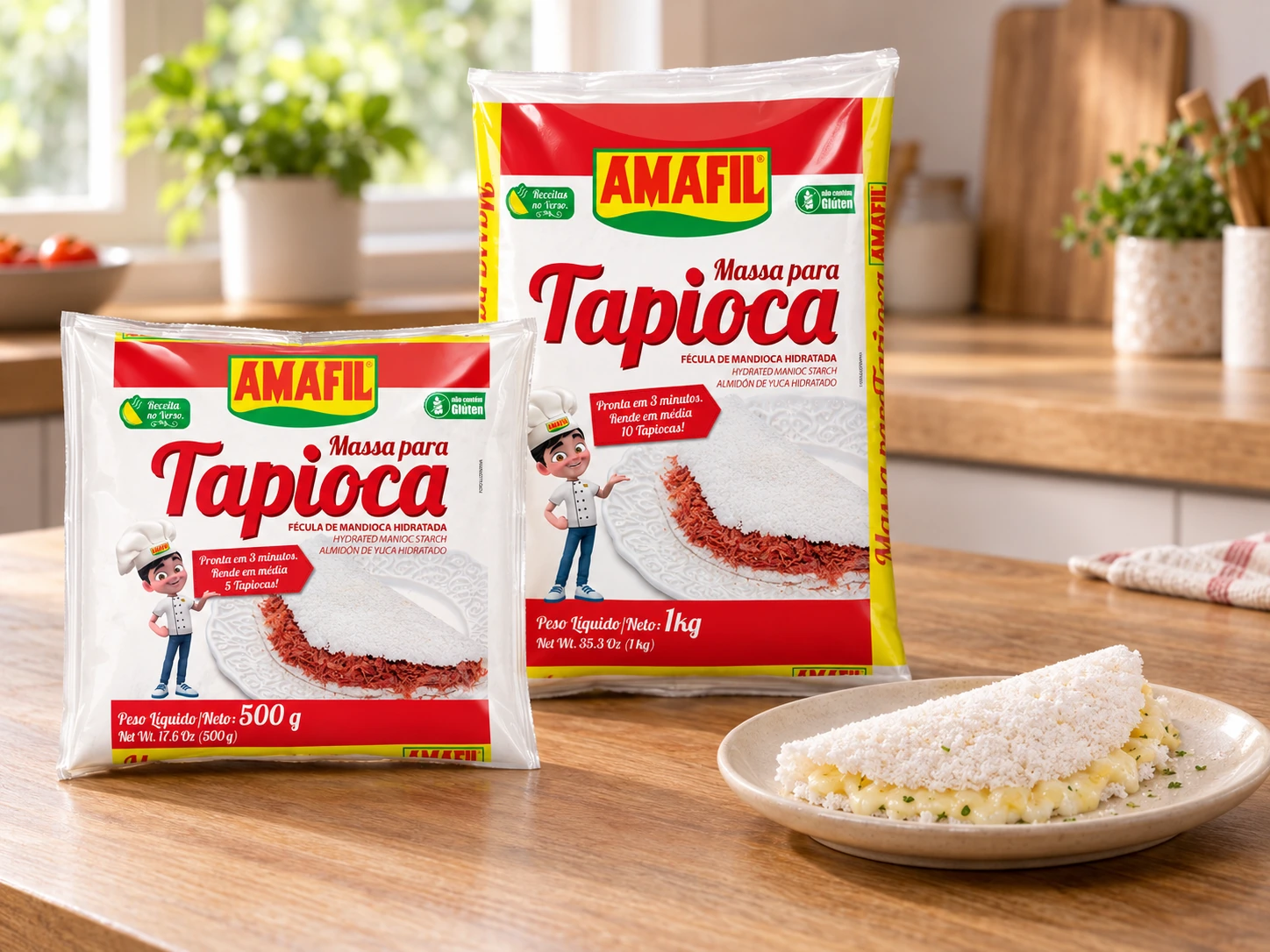 Pacotes Amafil de tapioca hidratada de 500 g e 1 kg ao lado de tapioca preparada.