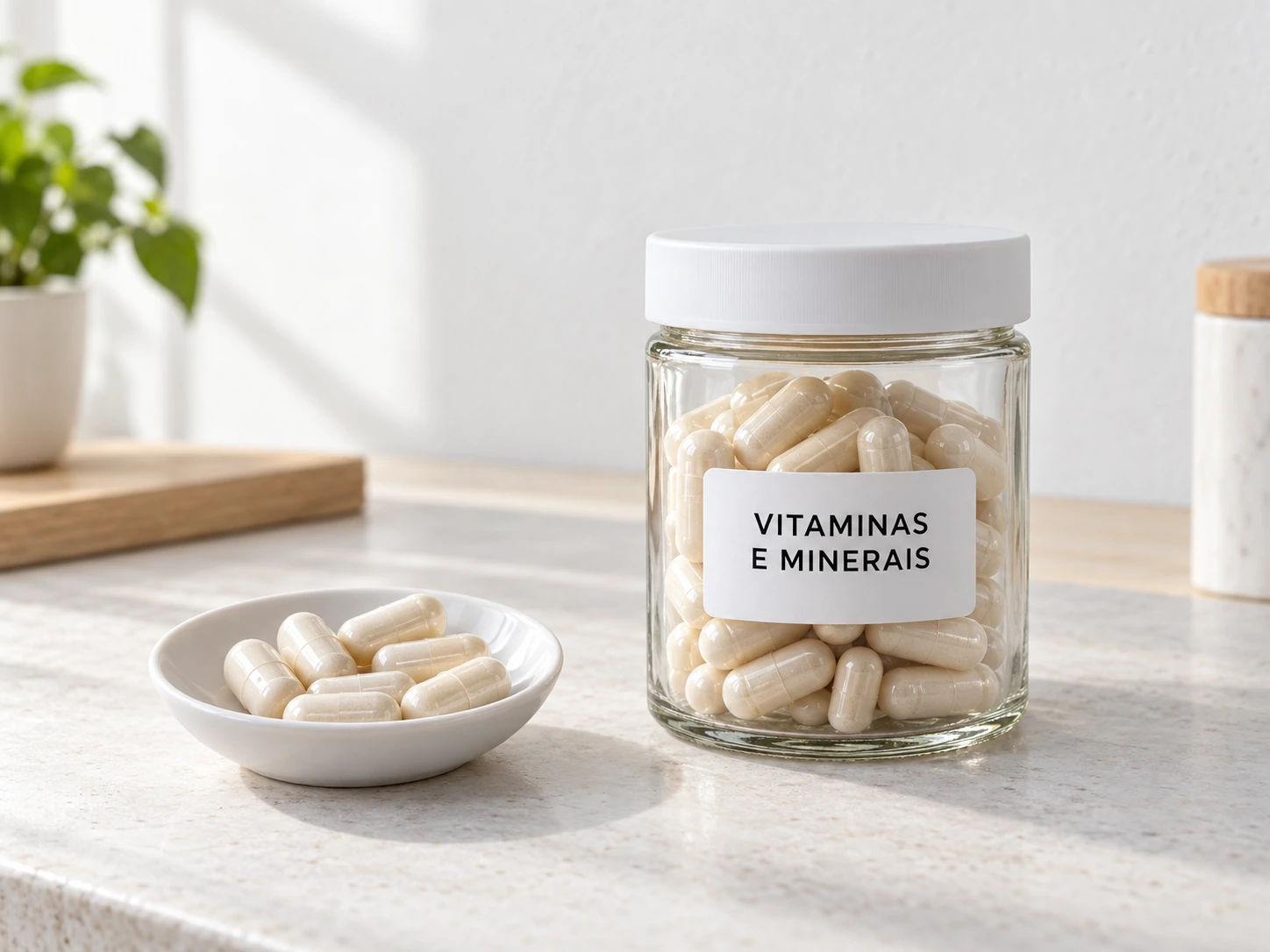 Frasco fechado identificado como Vitaminas e minerais e cápsulas sobre uma bancada clara.