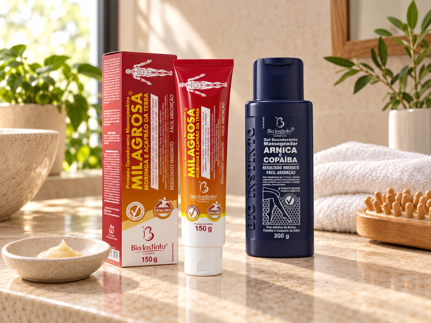 Pomada desodorante massageadora Bio Instinto Milagrosa de 150 g e gel desodorante massageador Arnica e Copaíba de 200 g, da marca parceira Bio Instinto