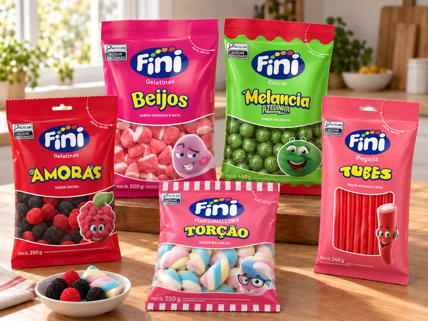 A foto mostra uma seleção de cinco apresentações da linha Fini: gelatinas de amora e de morango e nata, chicle sabor melancia, marshmallows torção e regaliz tubes.