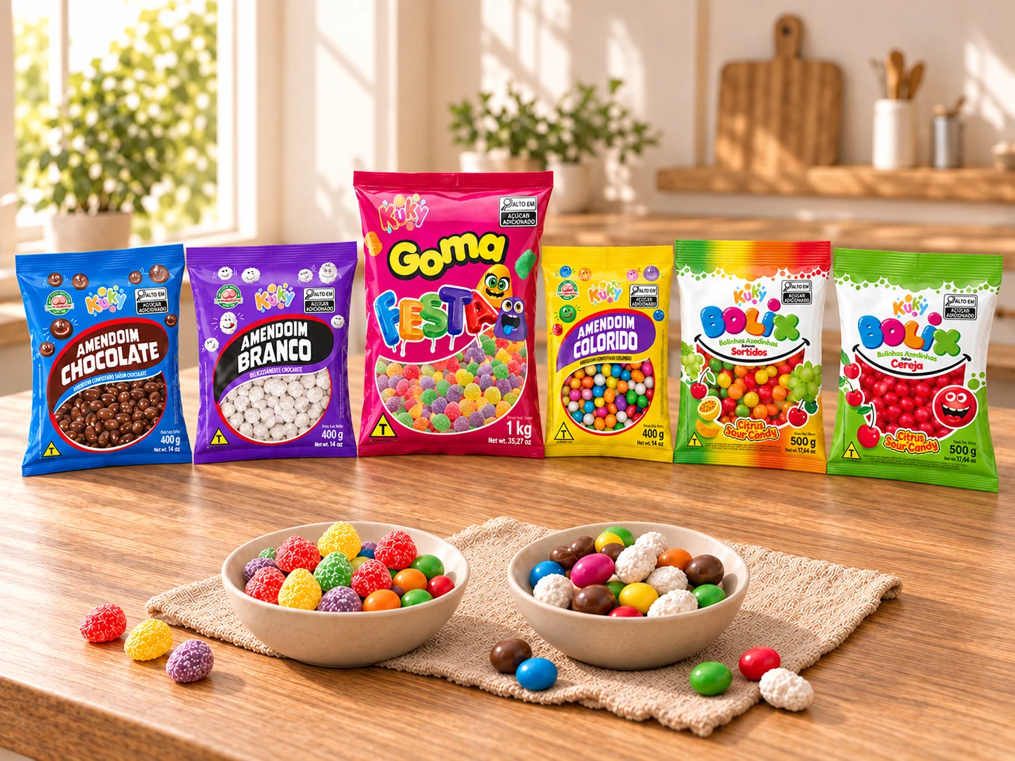 A foto mostra uma seleção de seis apresentações da linha Kuky: amendoim confeitado chocolate, branco e colorido, goma de festa e balas Bolix sabores sortidos e cereja.