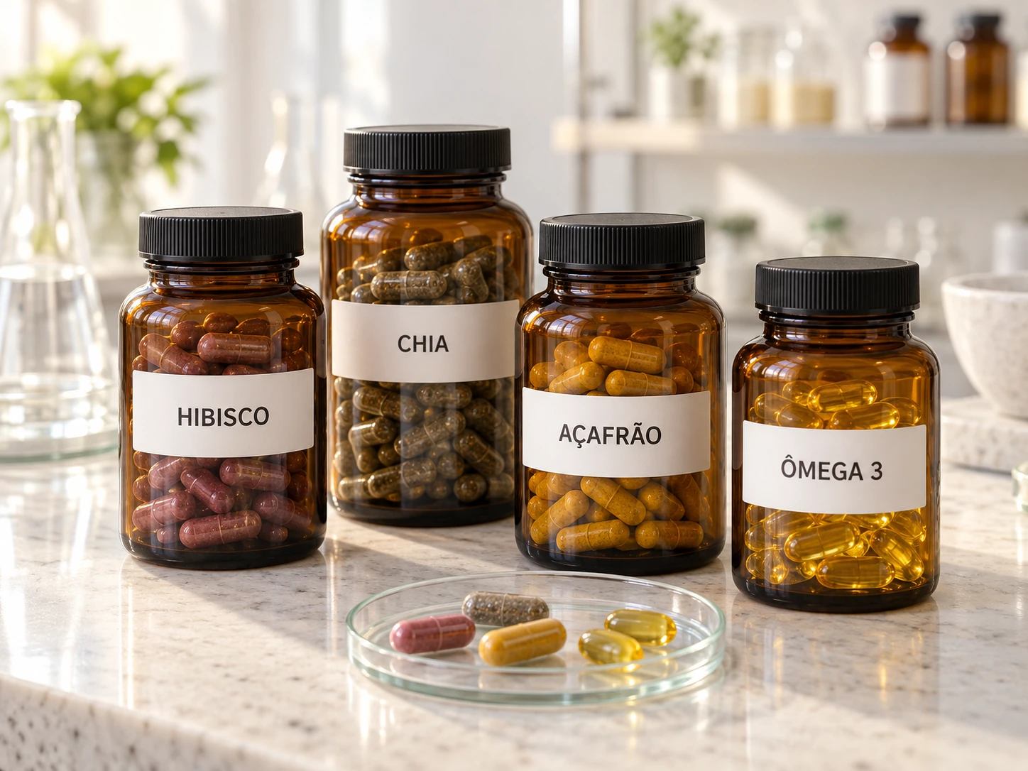 Quatro potes rotulados com cápsulas coloridas (hibisco, chia, açafrão e ômega 3) sobre bancada, composição ilustrativa de bancada, sem laboratório próprio Hema