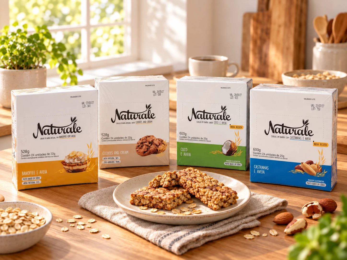Quatro caixas de barras de cereal Naturale (banoffee e aveia, cookies and cream, coco e aveia, castanhas e aveia) sobre bancada, com barras servidas em prato