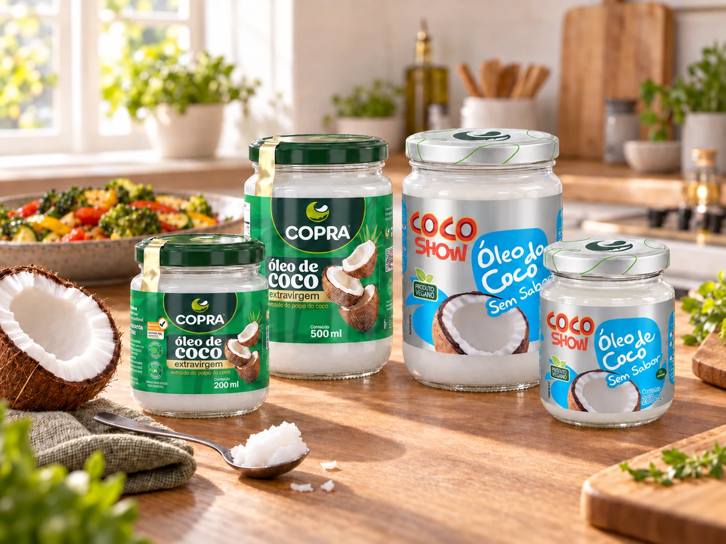 Potes de óleo de coco Copra extravirgem de 200 ml e 500 ml ao lado de potes Coco Show sem sabor de 200 ml e 500 ml